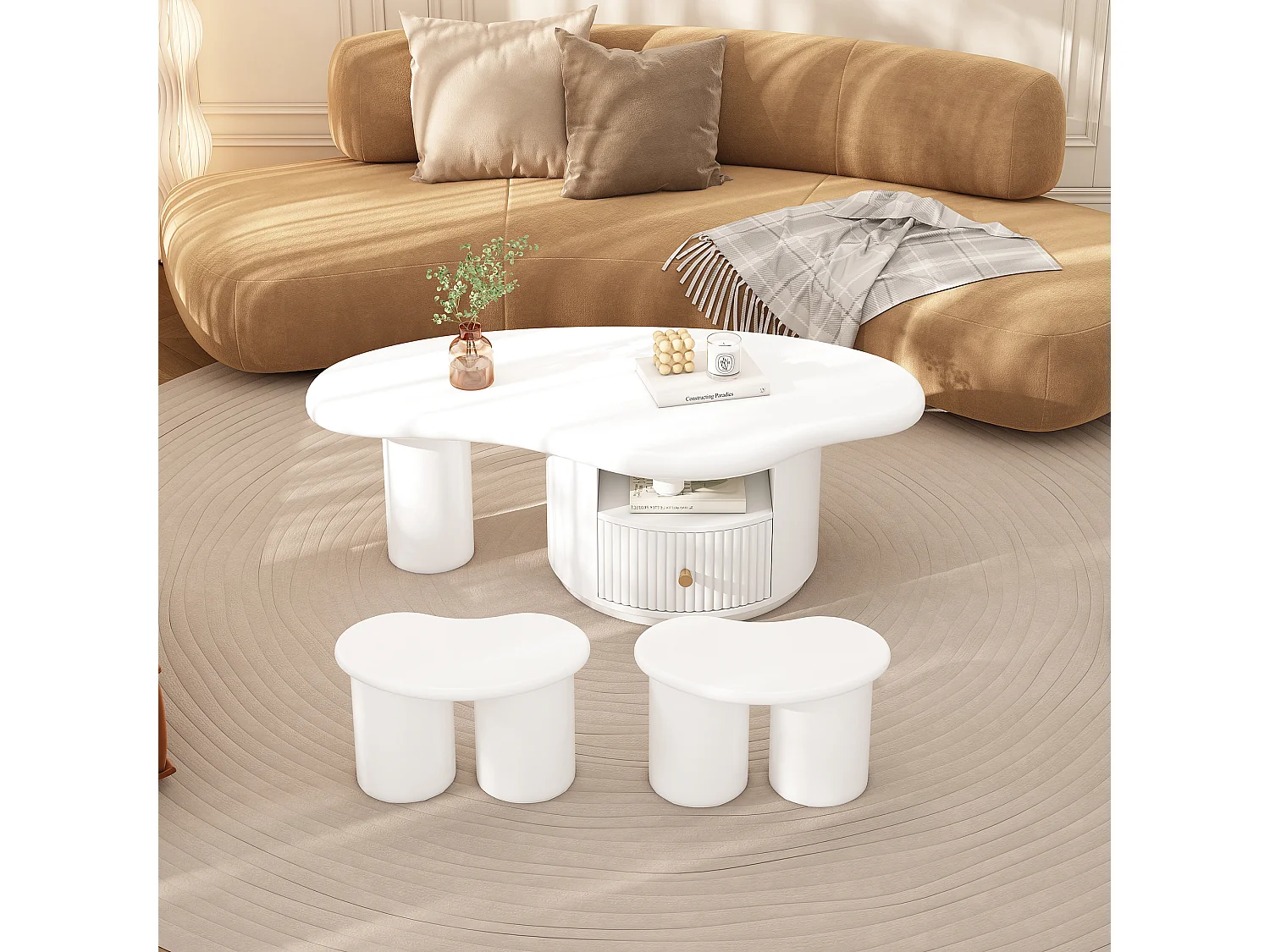 Nieregularny stolik kawowy z 2 stołkami, 1 szufladą i otwartą przegrodą - 110 x 60 x 37,5 cm - blat MDF - biały