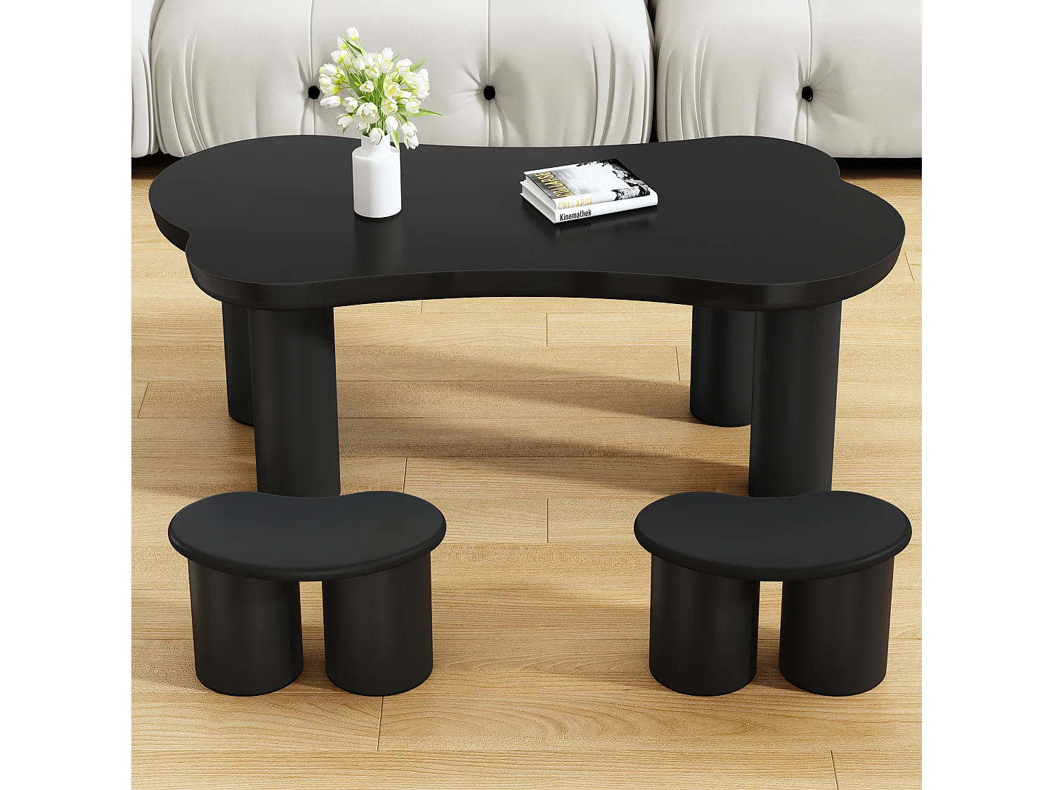 Onregelmatige salontafel met 2 kleine bankjes - 113 x 58 x 40,5 cm - MDF blad en PVC poten - Zwart