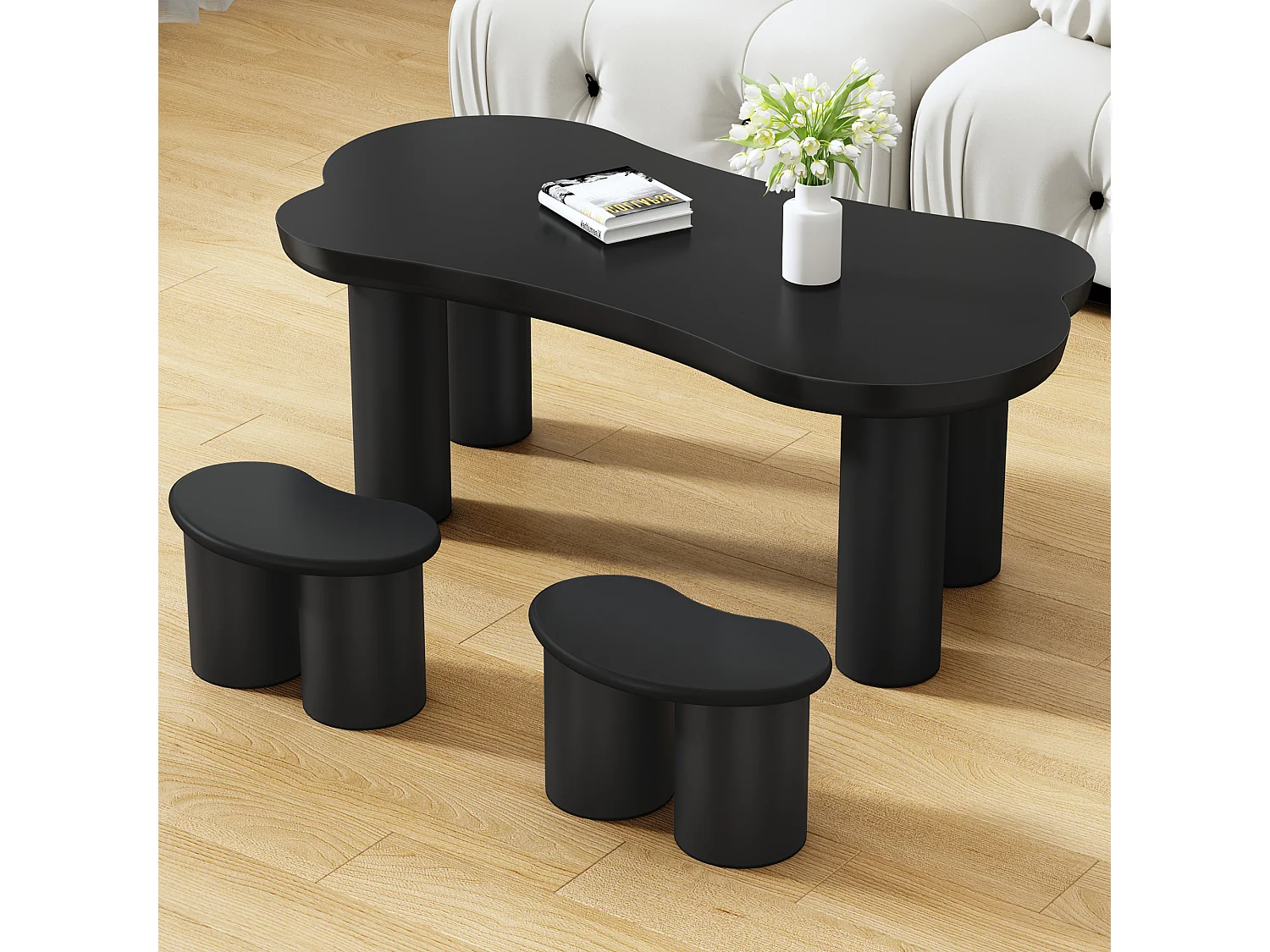 Onregelmatige salontafel met 2 kleine bankjes - 113 x 58 x 40,5 cm - MDF blad en PVC poten - Zwart