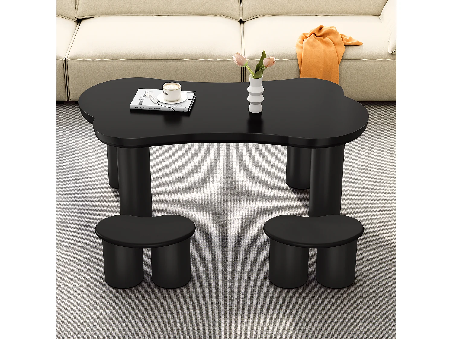 Onregelmatige salontafel met 2 kleine bankjes - 113 x 58 x 40,5 cm - MDF blad en PVC poten - Zwart