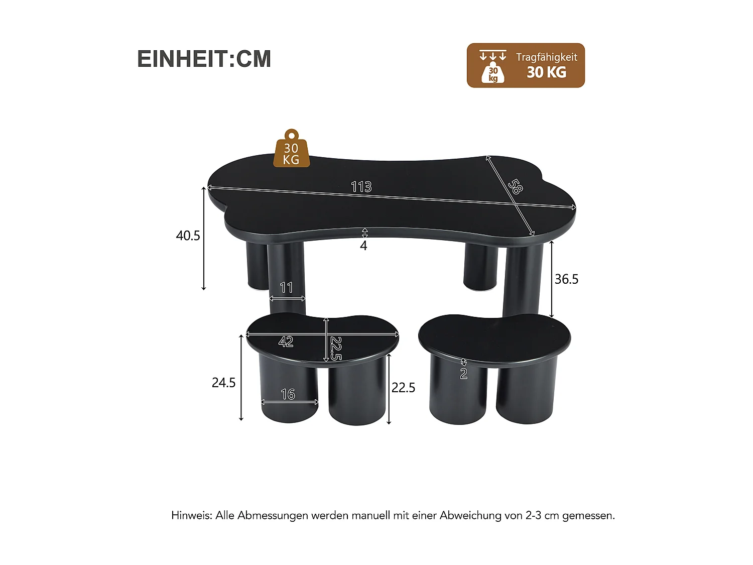 Onregelmatige salontafel met 2 kleine bankjes - 113 x 58 x 40,5 cm - MDF blad en PVC poten - Zwart