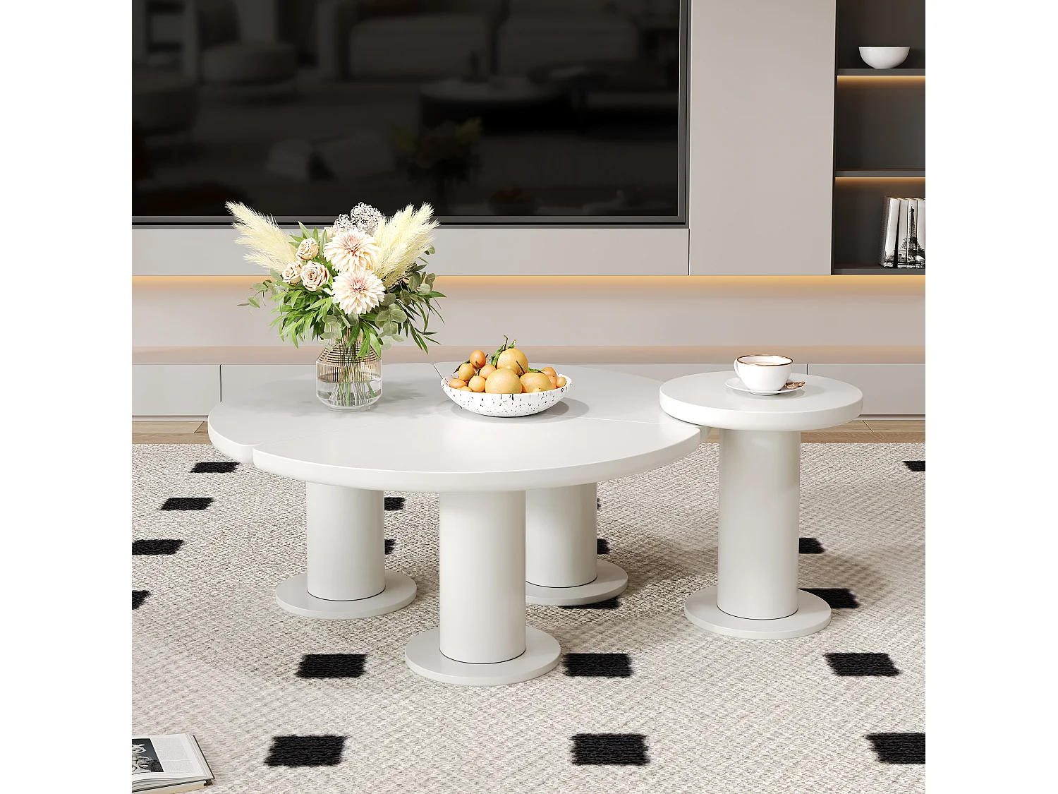 Zestaw 2 okrągłych stolików kawowych - D 100 x W 40 cm + D 39,8 x W 42,2 cm - Drewno MDF - Biały