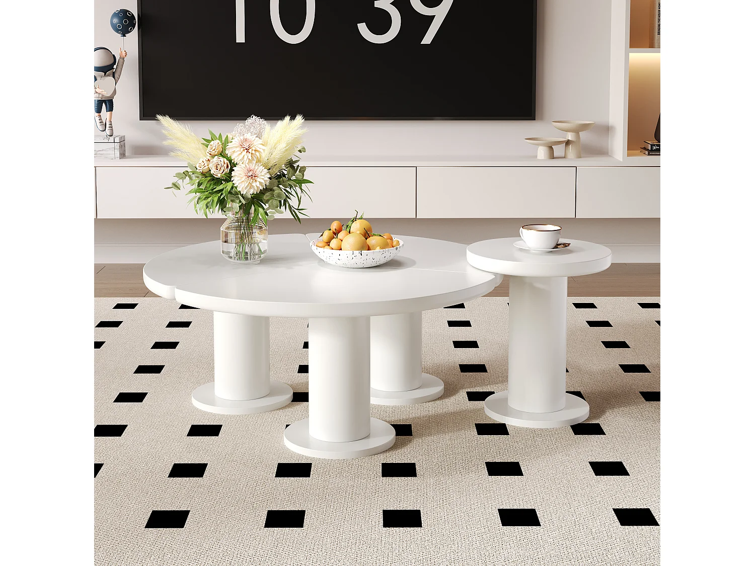 Zestaw 2 okrągłych stolików kawowych - D 100 x W 40 cm + D 39,8 x W 42,2 cm - Drewno MDF - Biały