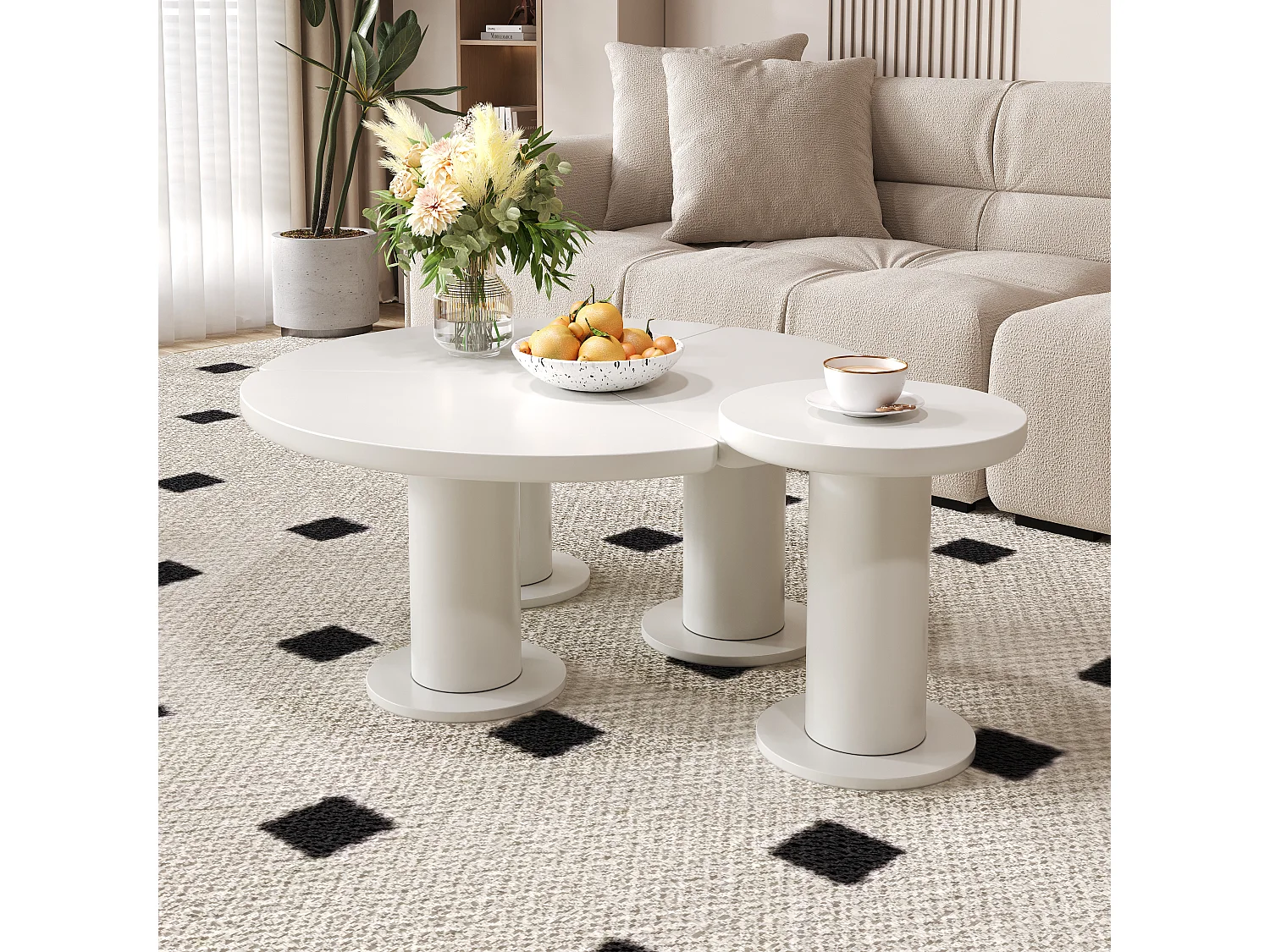 Zestaw 2 okrągłych stolików kawowych - D 100 x W 40 cm + D 39,8 x W 42,2 cm - Drewno MDF - Biały