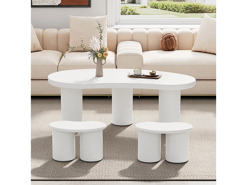 Unregelmäßiger Couchtisch mit 2 Hockern – 107 x 57 x 40,5 cm – MDF-Platte und PVC-Beine – Weiß
