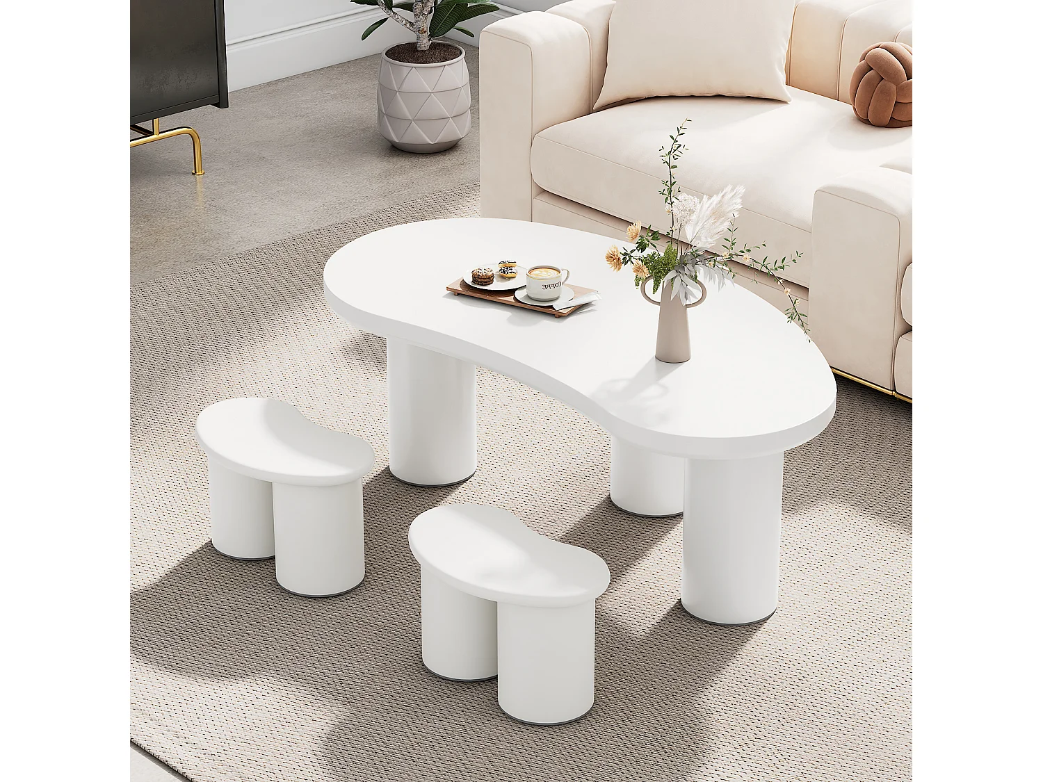 Table basse irrégulière avec 2 tabourets - 107 x 57 x 40.5 cm - Plateau MDF et pieds PVC - Blanc