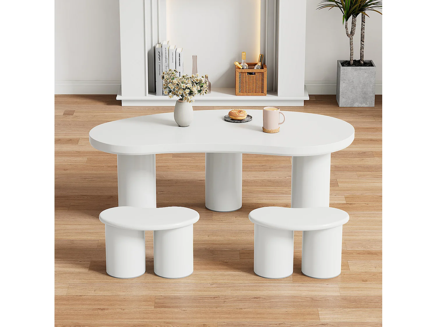 Table basse irrégulière avec 2 tabourets - 107 x 57 x 40.5 cm - Plateau MDF et pieds PVC - Blanc