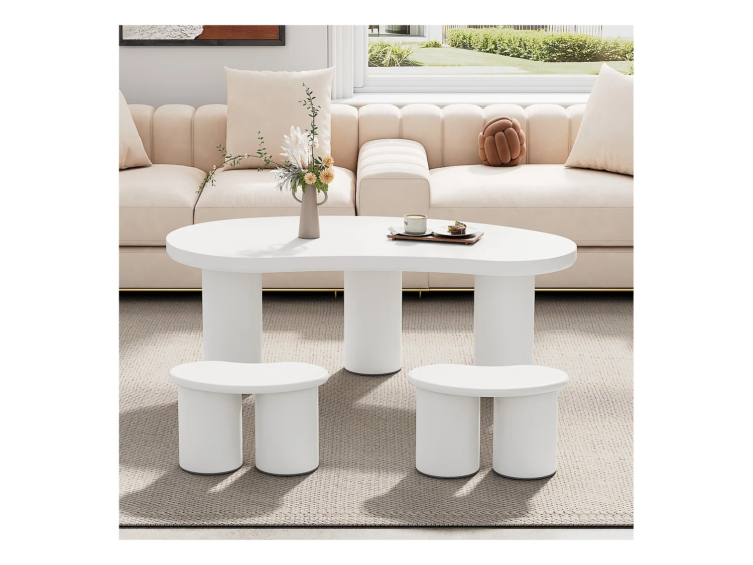 Table basse irrégulière avec 2 tabourets - 107 x 57 x 40.5 cm - Plateau MDF et pieds PVC - Blanc