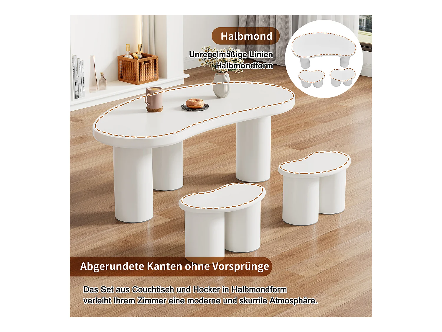 Onregelmatige salontafel met 2 krukken - 107 x 57 x 40,5 cm - MDF blad en PVC poten - Wit