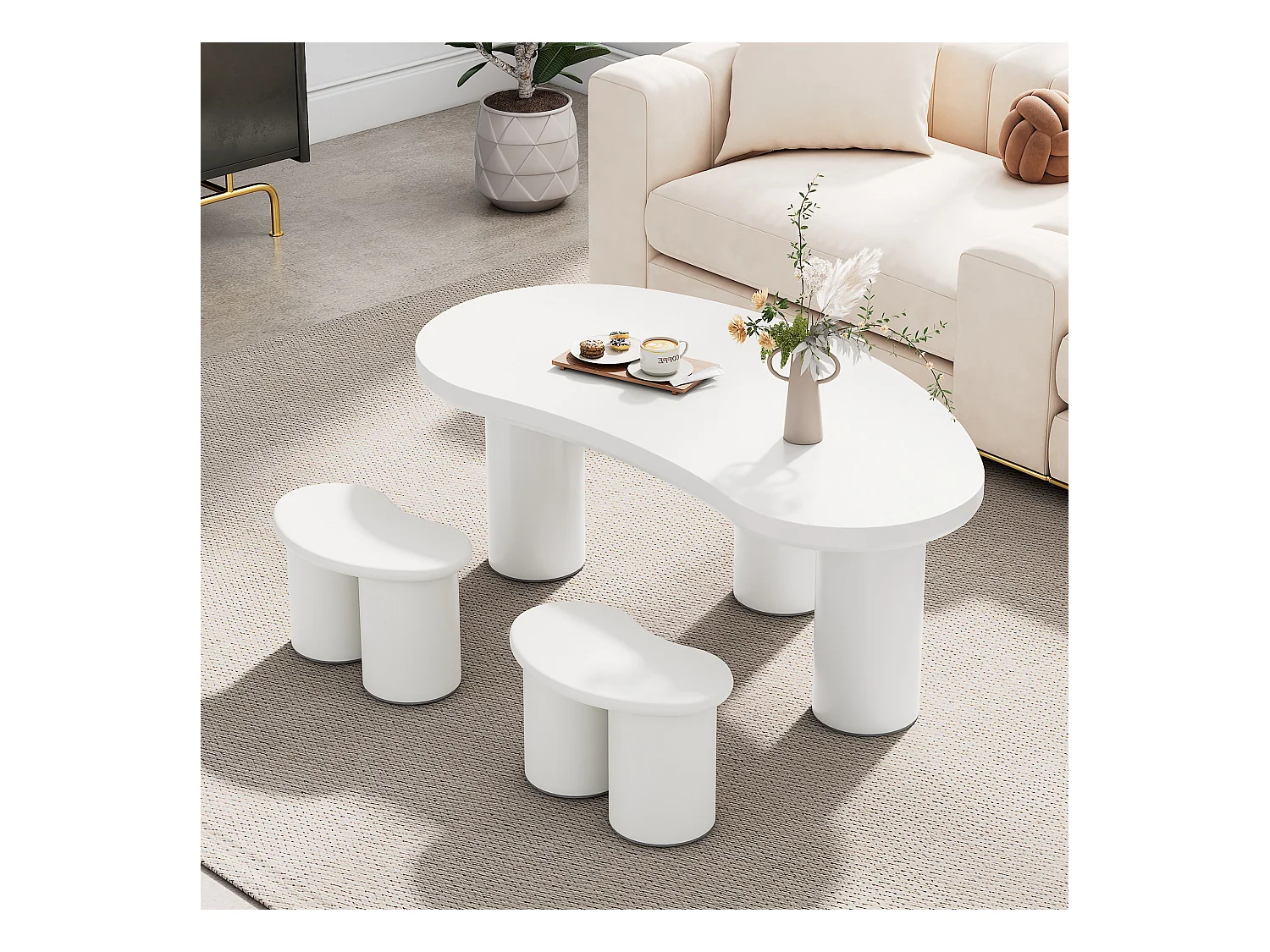 Onregelmatige salontafel met 2 krukken - 107 x 57 x 40,5 cm - MDF blad en PVC poten - Wit