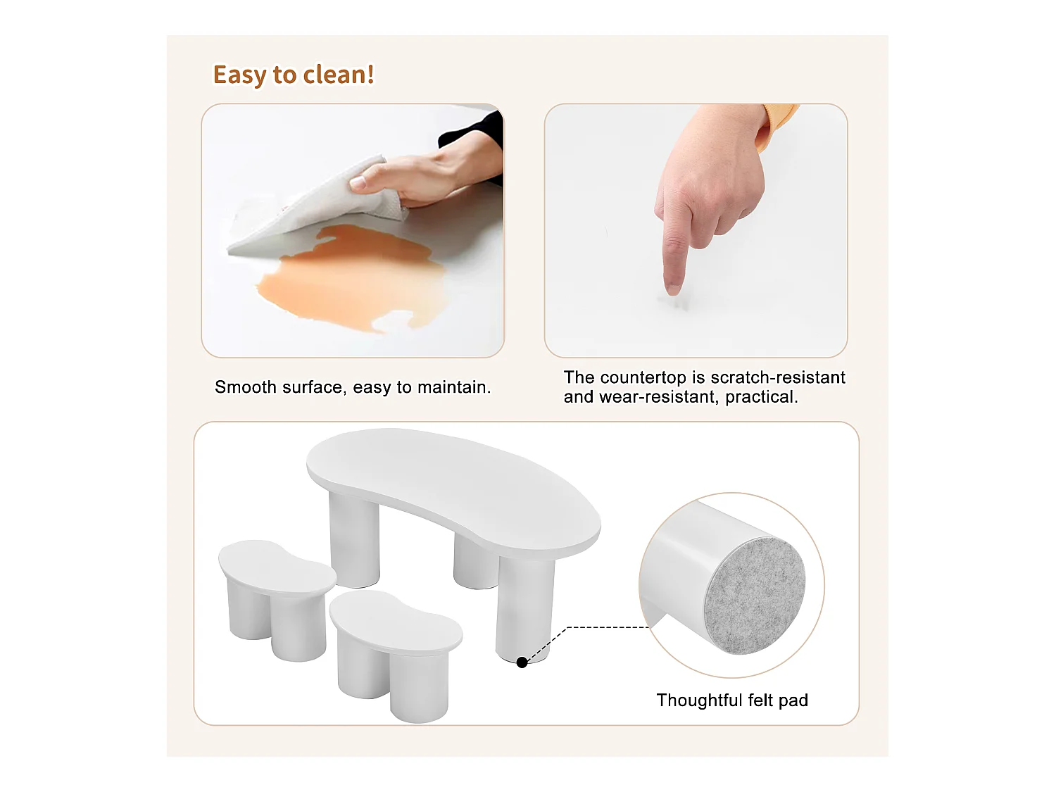 Onregelmatige salontafel met 2 krukken - 107 x 57 x 40,5 cm - MDF blad en PVC poten - Wit