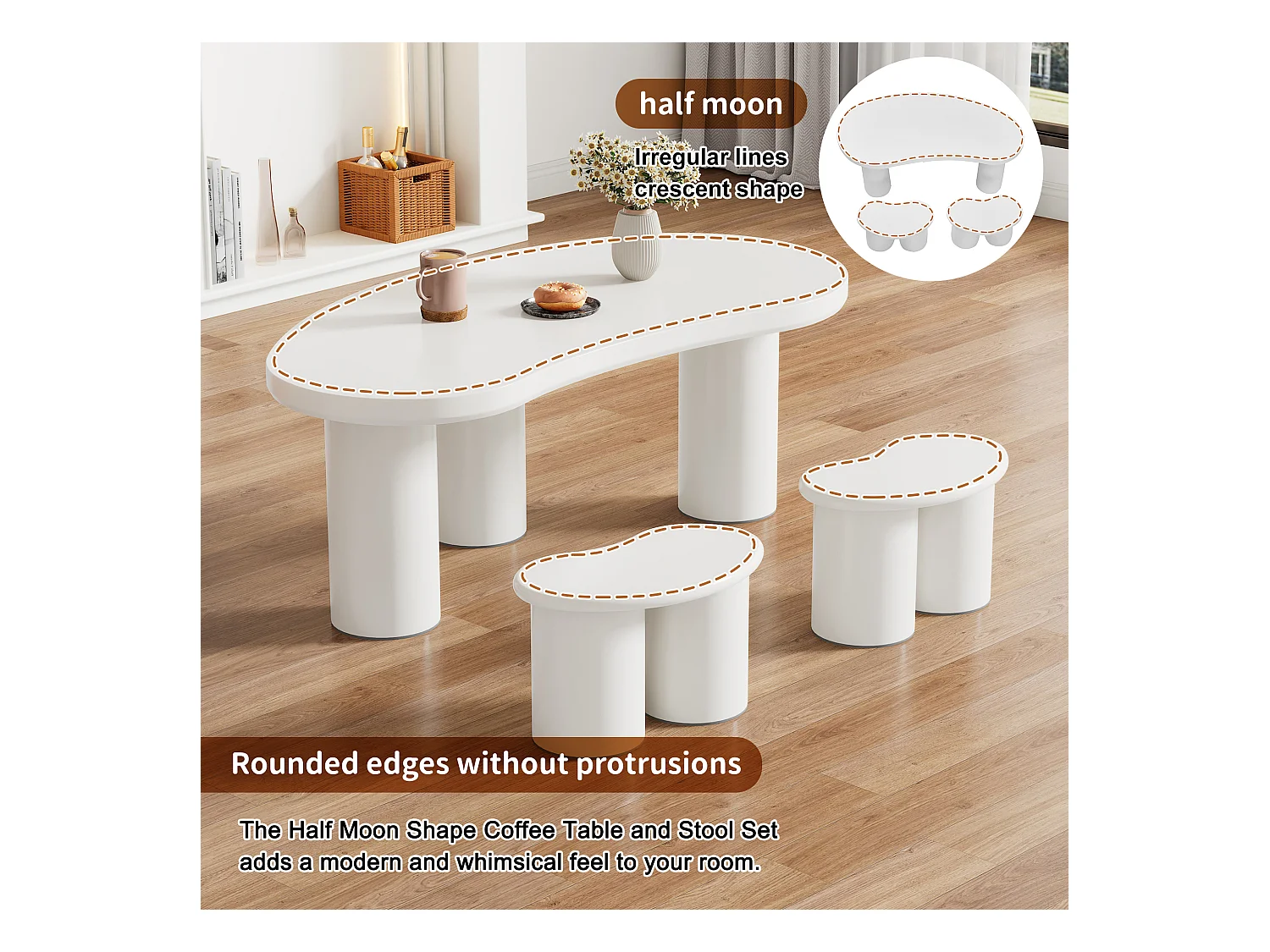 Onregelmatige salontafel met 2 krukken - 107 x 57 x 40,5 cm - MDF blad en PVC poten - Wit