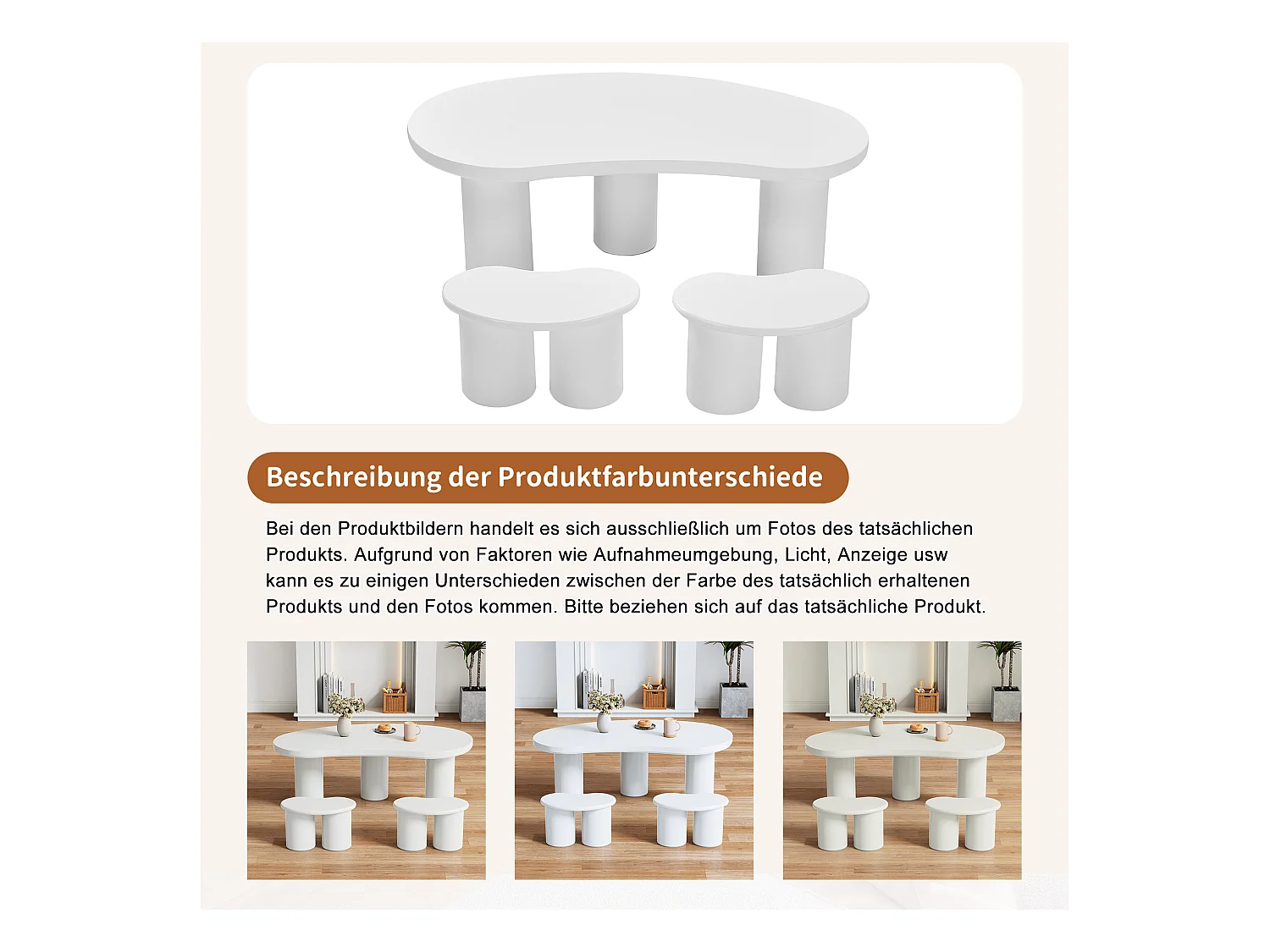 Onregelmatige salontafel met 2 krukken - 107 x 57 x 40,5 cm - MDF blad en PVC poten - Wit