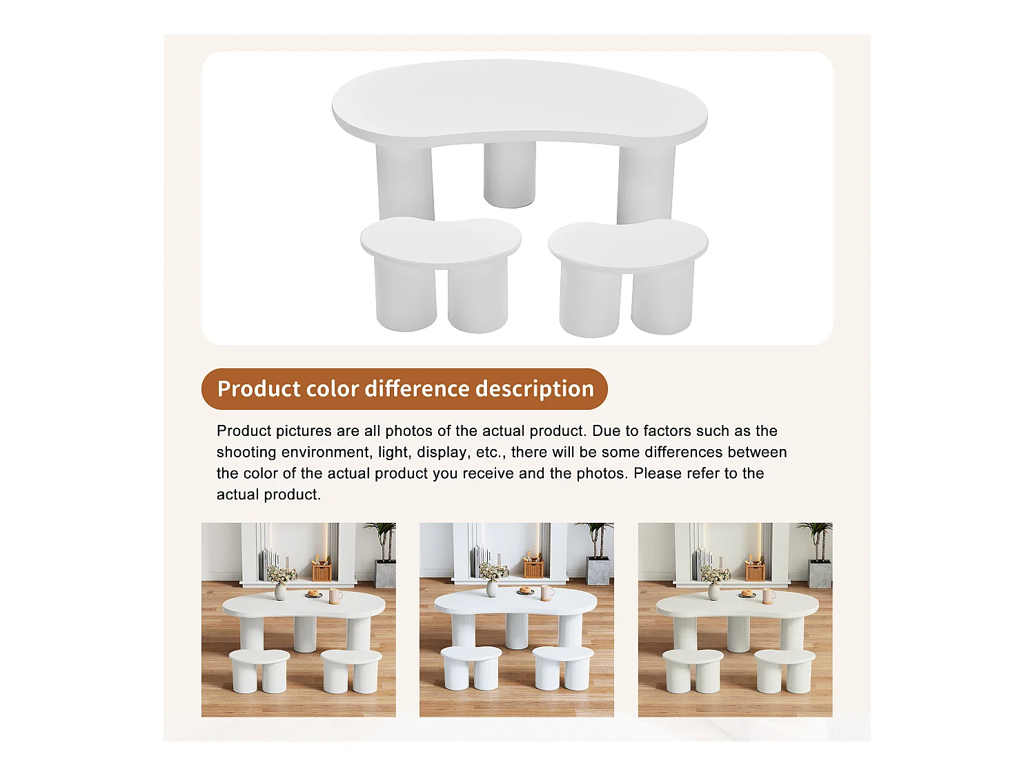 Onregelmatige salontafel met 2 krukken - 107 x 57 x 40,5 cm - MDF blad en PVC poten - Wit