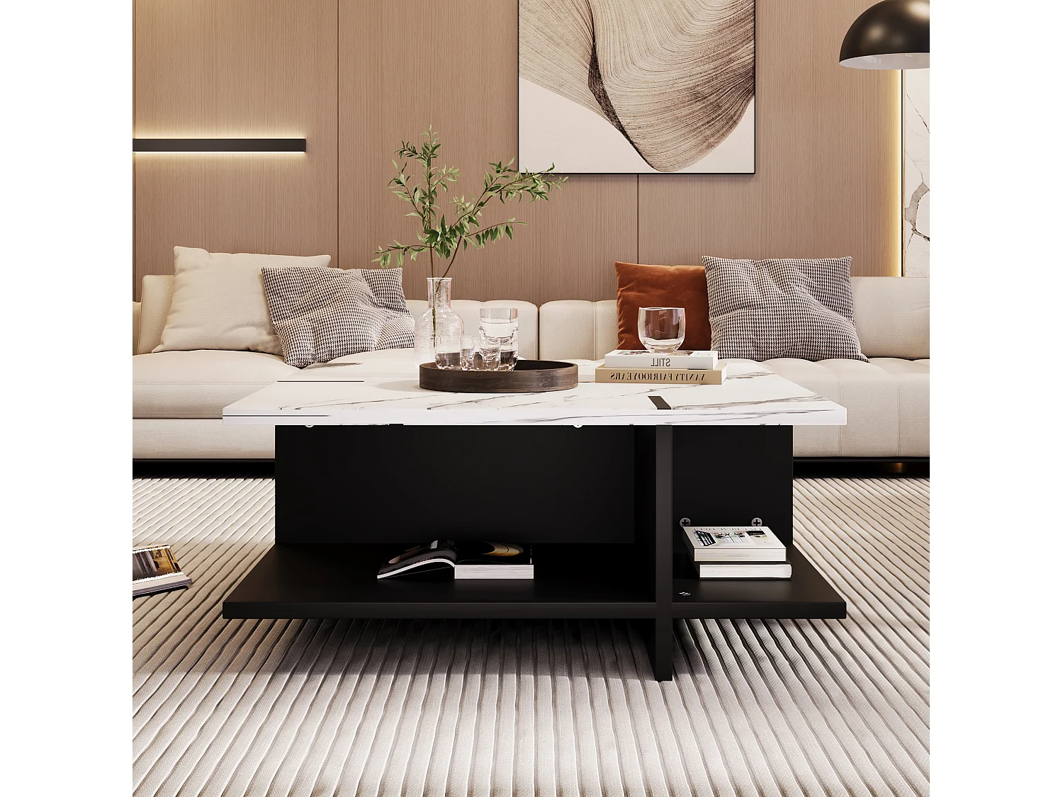 Table basse carrée avec compartiment de rangement ouvert - 72 x 72 x 32 cm - bois MDF - blanc et noir