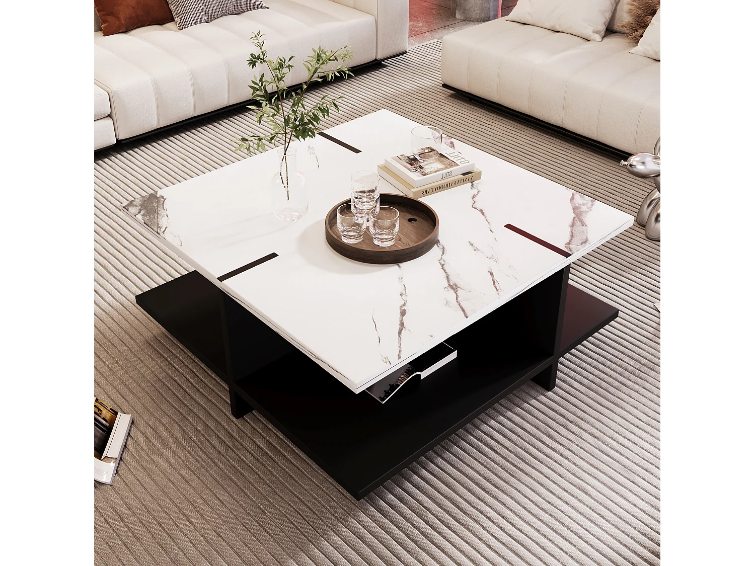 Table basse carrée avec compartiment de rangement ouvert - 72 x 72 x 32 cm - bois MDF - blanc et noir