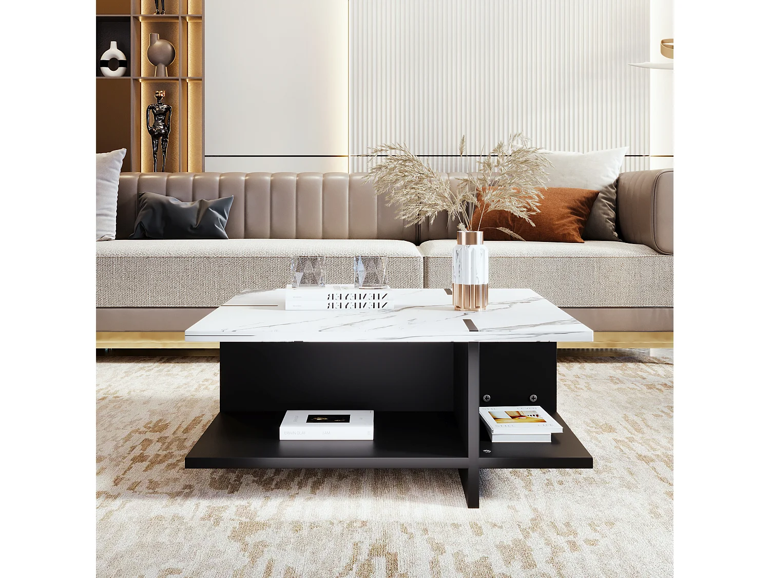 Table basse carrée avec compartiment de rangement ouvert - 72 x 72 x 32 cm - bois MDF - blanc et noir