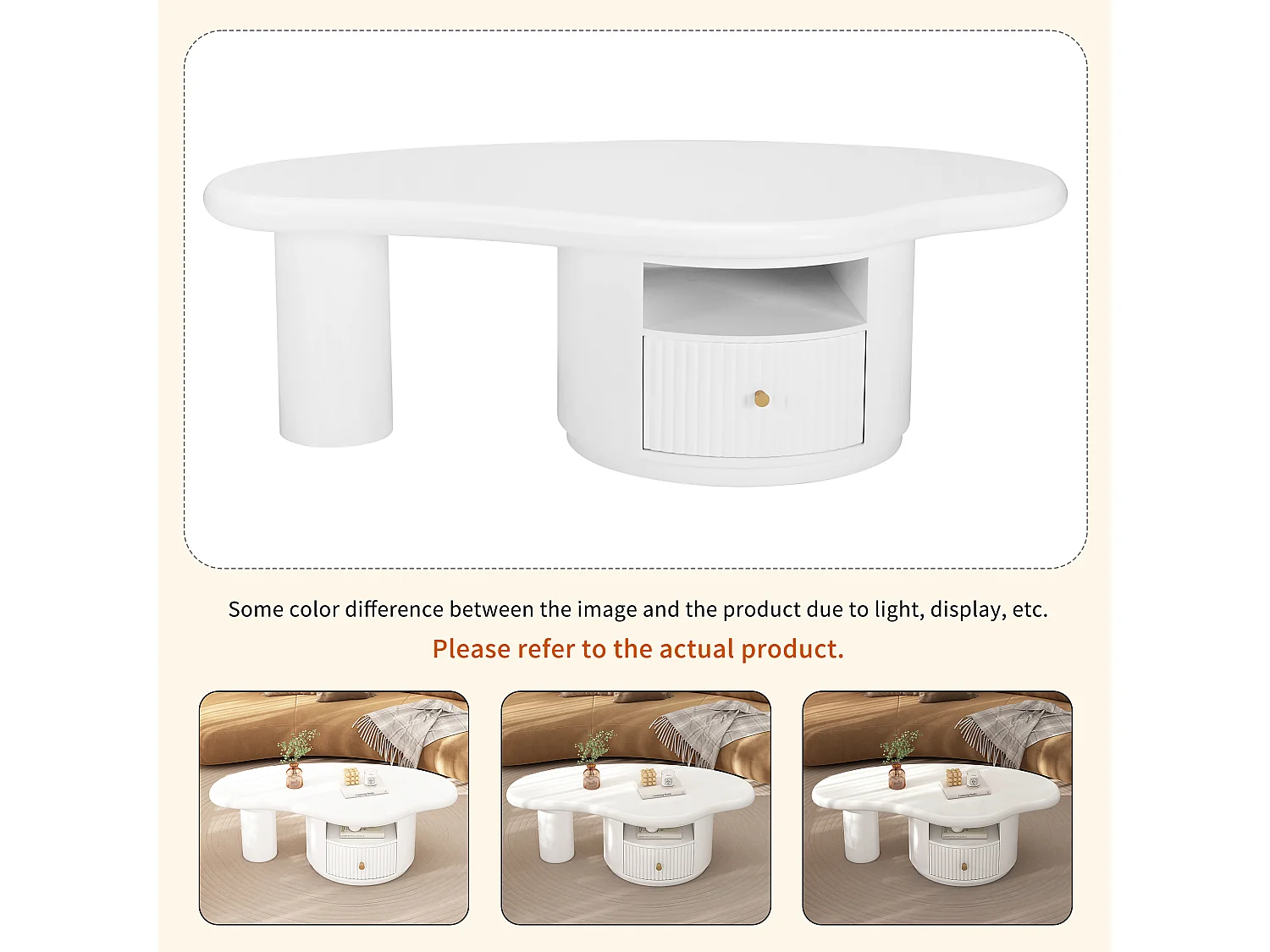 Table basse irrégulière avec 1 tiroir et compartiment ouvert - 110 x 60 x 37.5 cm - Plateau MDF - Blanc