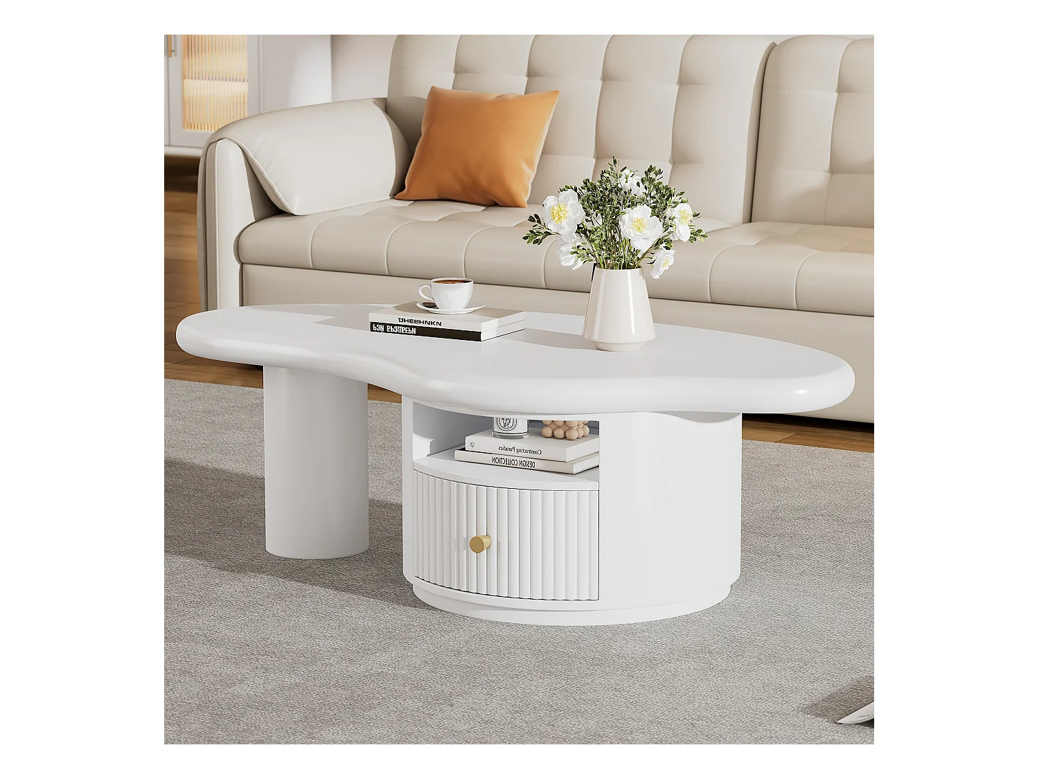 Unregelmäßiger Couchtisch mit 1 Schublade und offenem Fach – 110 x 60 x 37,5 cm – MDF-Platte – Weiß