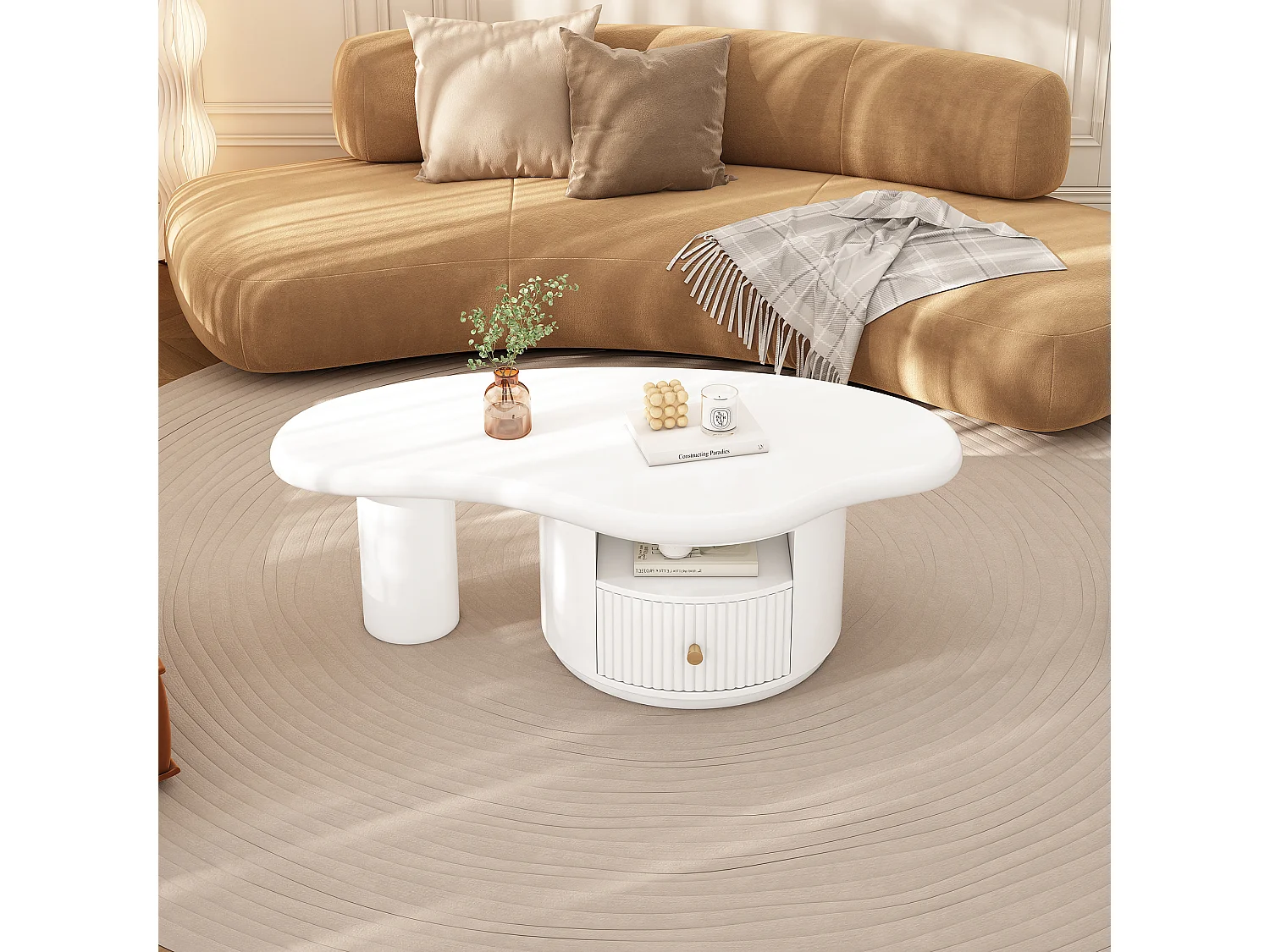 Table basse irrégulière avec 1 tiroir et compartiment ouvert - 110 x 60 x 37.5 cm - Plateau MDF - Blanc