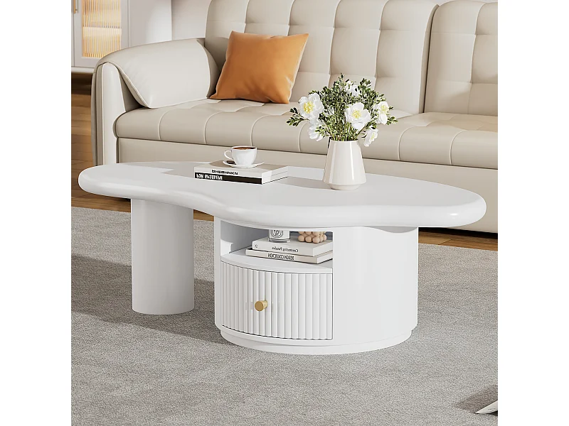 Onregelmatige salontafel met 1 lade en open vak - 110 x 60 x 37,5 cm - MDF blad - Wit