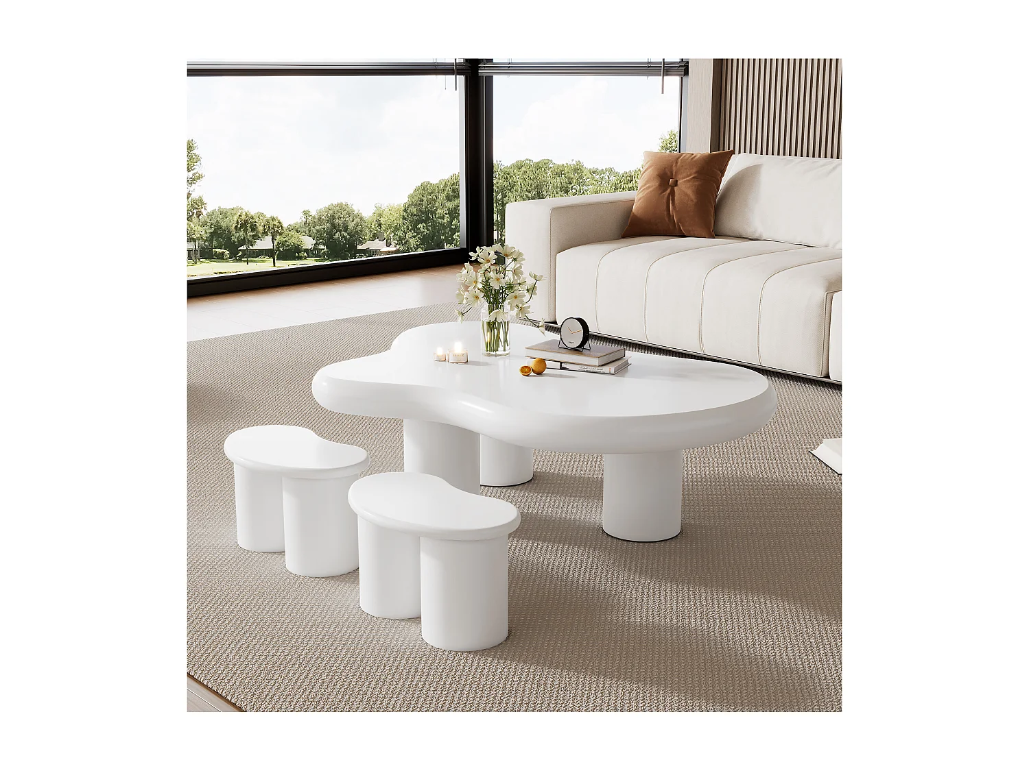 Onregelmatige wolkvormige salontafel met 2 krukken - 97 x 67 x 32 cm - MDF blad - Wit