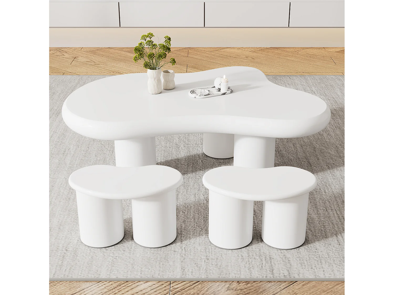 Onregelmatige wolkvormige salontafel met 2 krukken - 97 x 67 x 32 cm - MDF blad - Wit