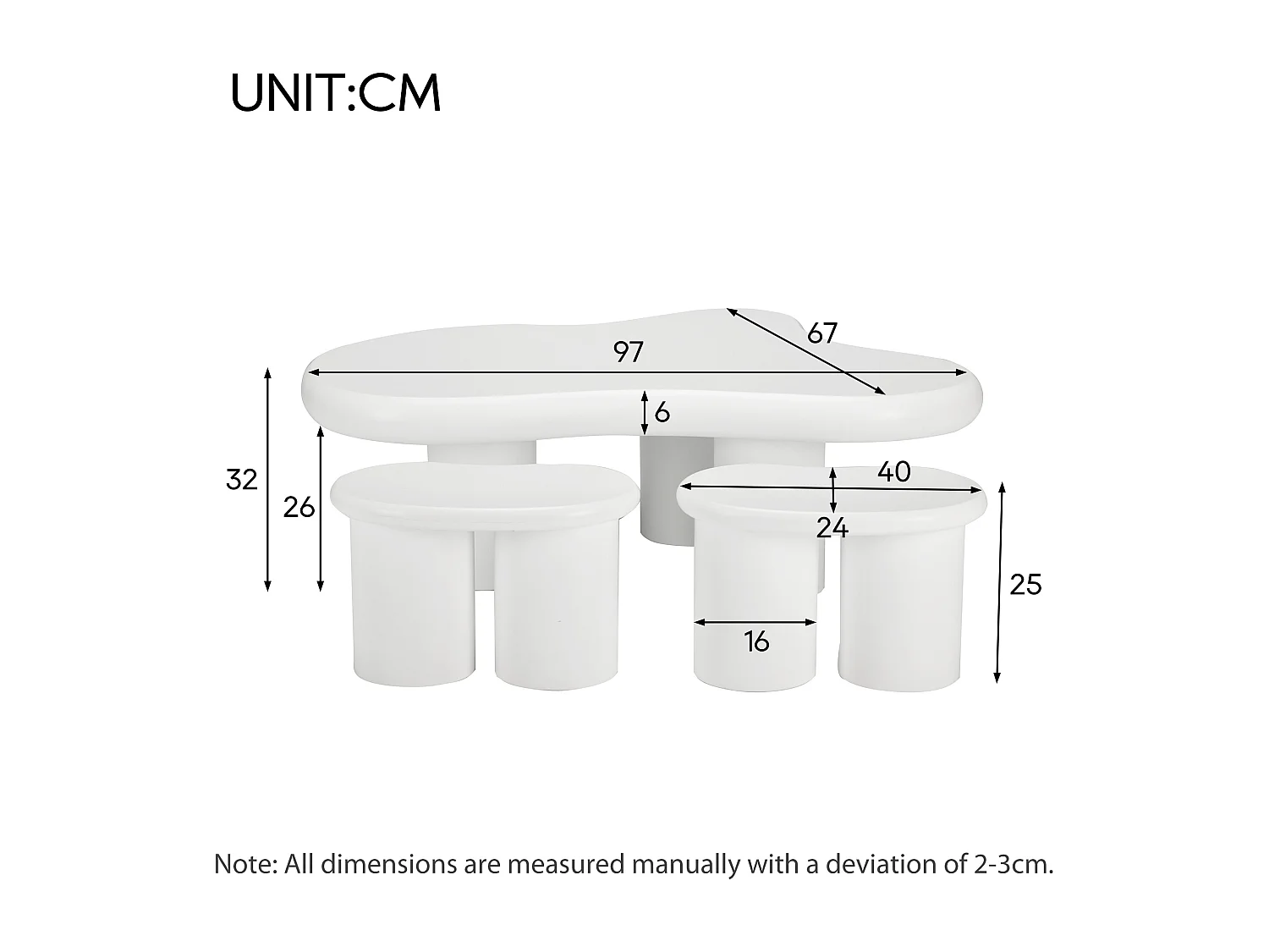 Onregelmatige wolkvormige salontafel met 2 krukken - 97 x 67 x 32 cm - MDF blad - Wit