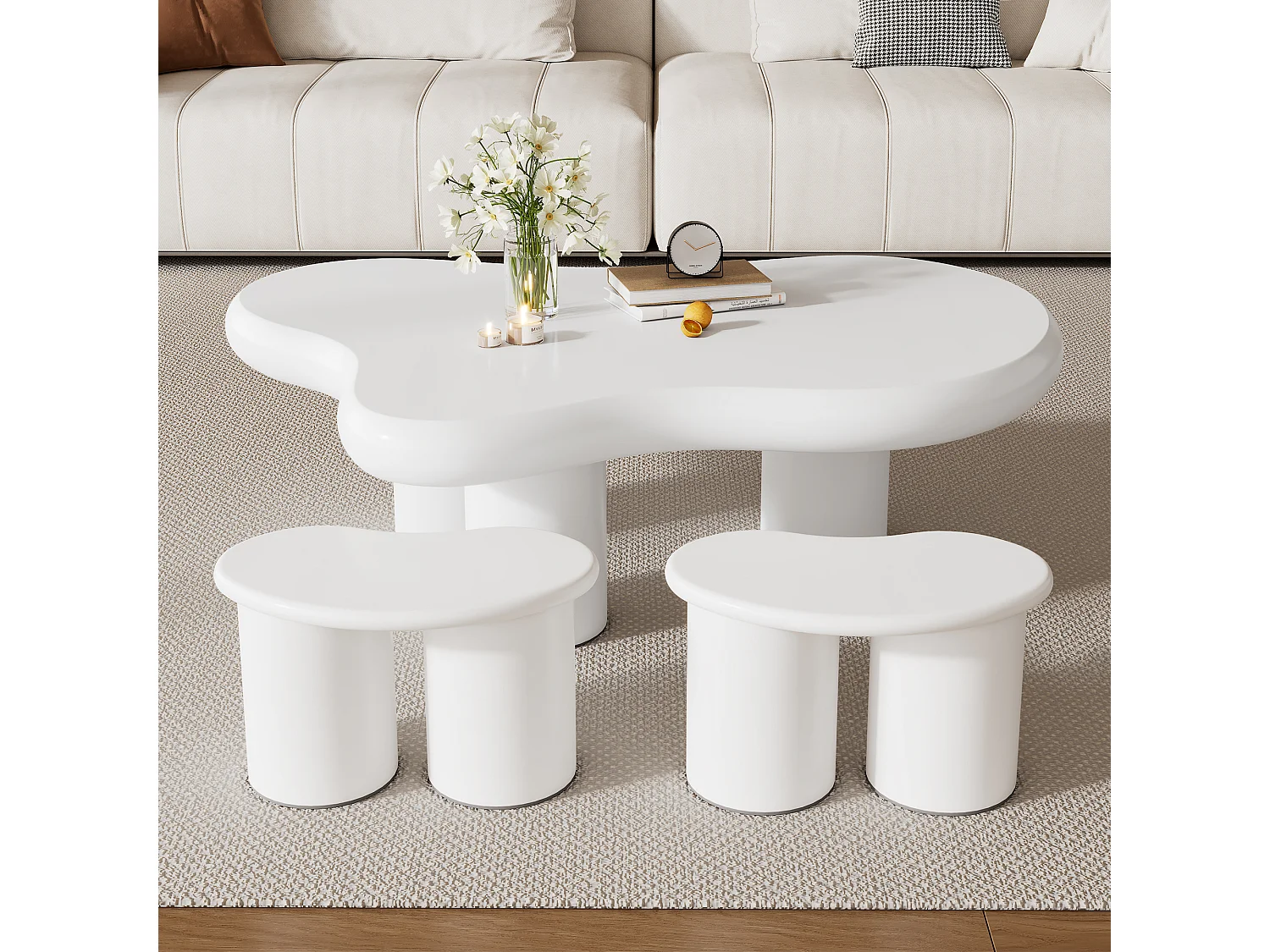 Onregelmatige wolkvormige salontafel met 2 krukken - 97 x 67 x 32 cm - MDF blad - Wit