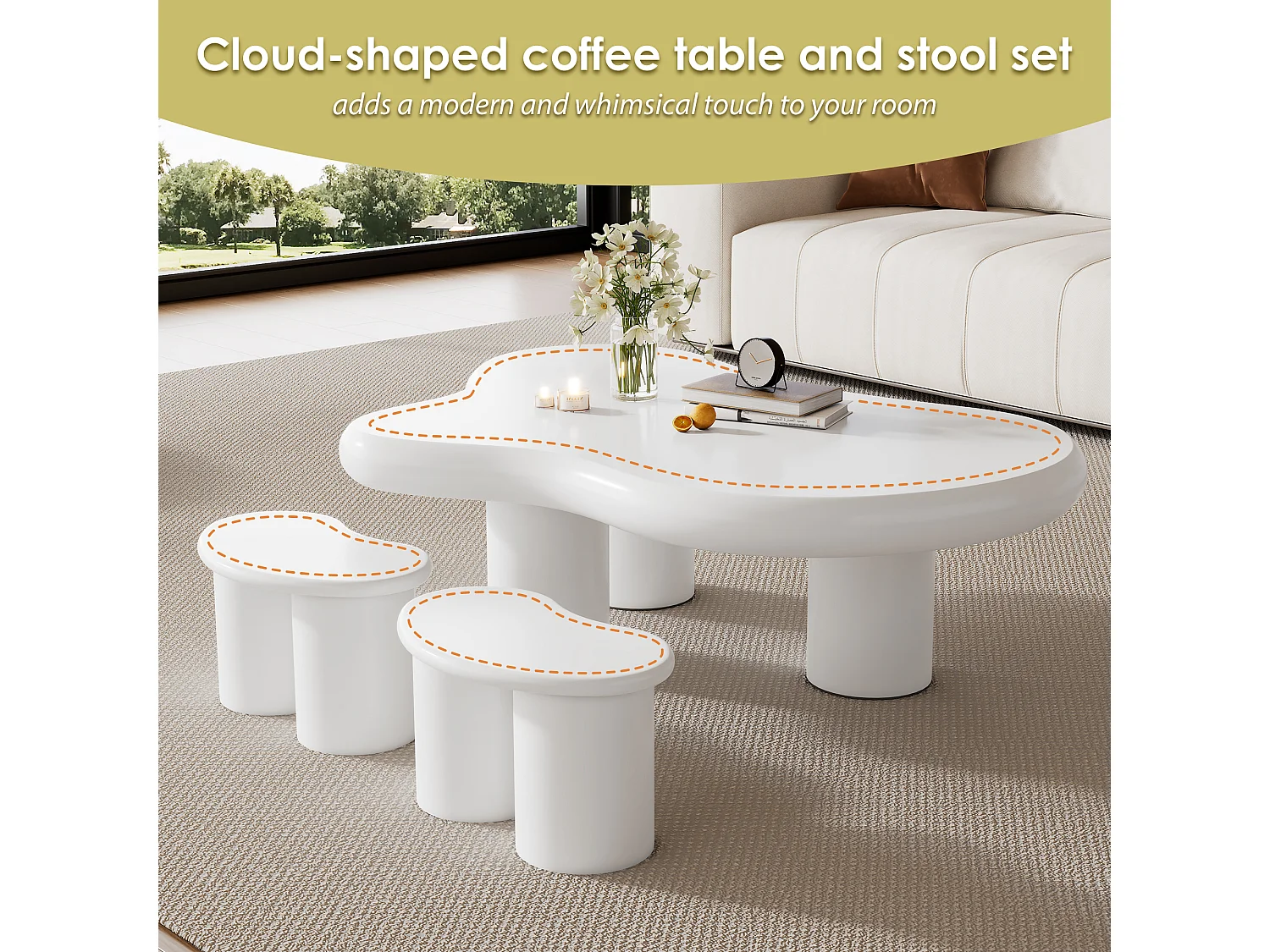 Onregelmatige wolkvormige salontafel met 2 krukken - 97 x 67 x 32 cm - MDF blad - Wit