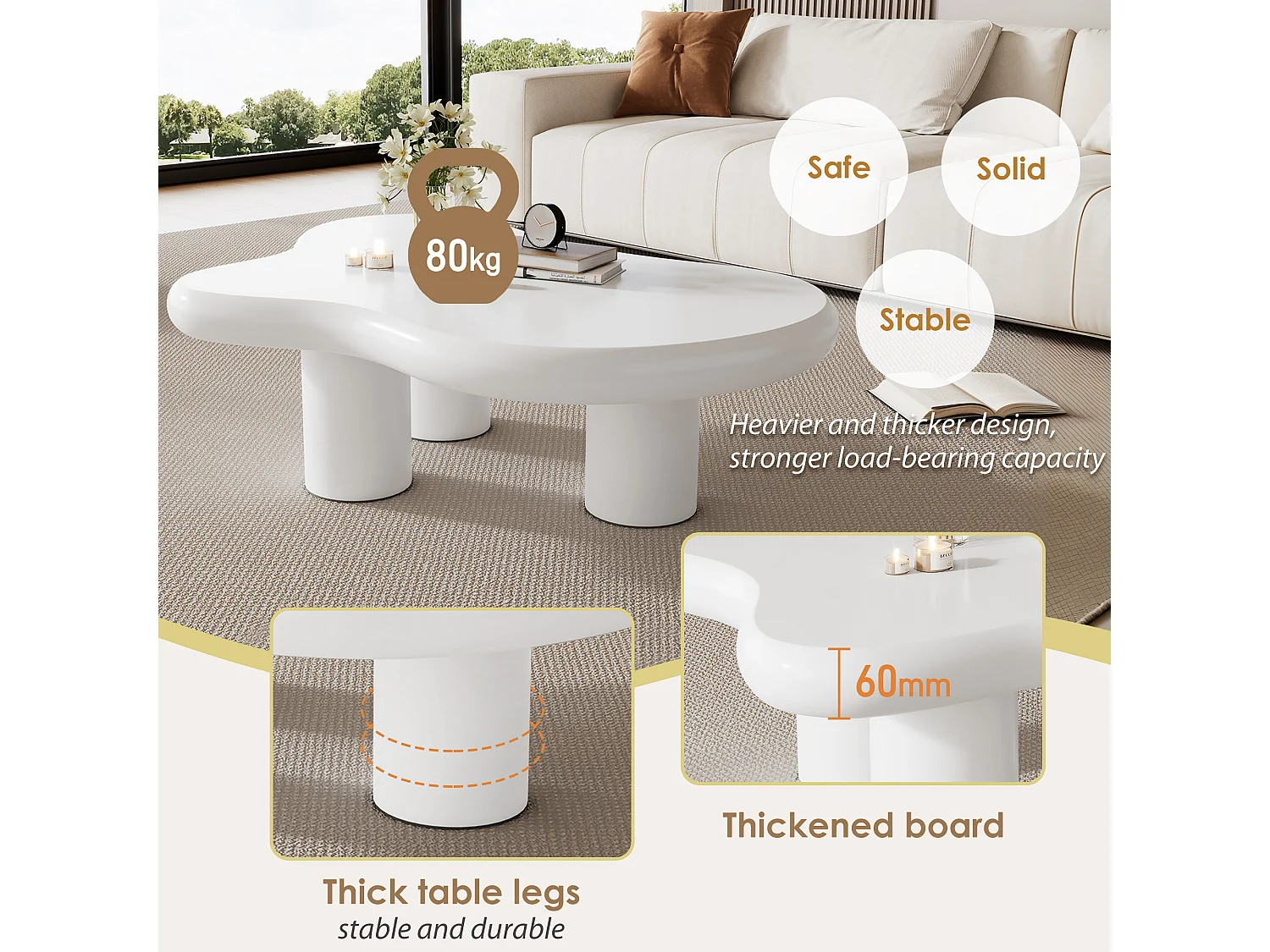 Onregelmatige wolkvormige salontafel met 2 krukken - 97 x 67 x 32 cm - MDF blad - Wit