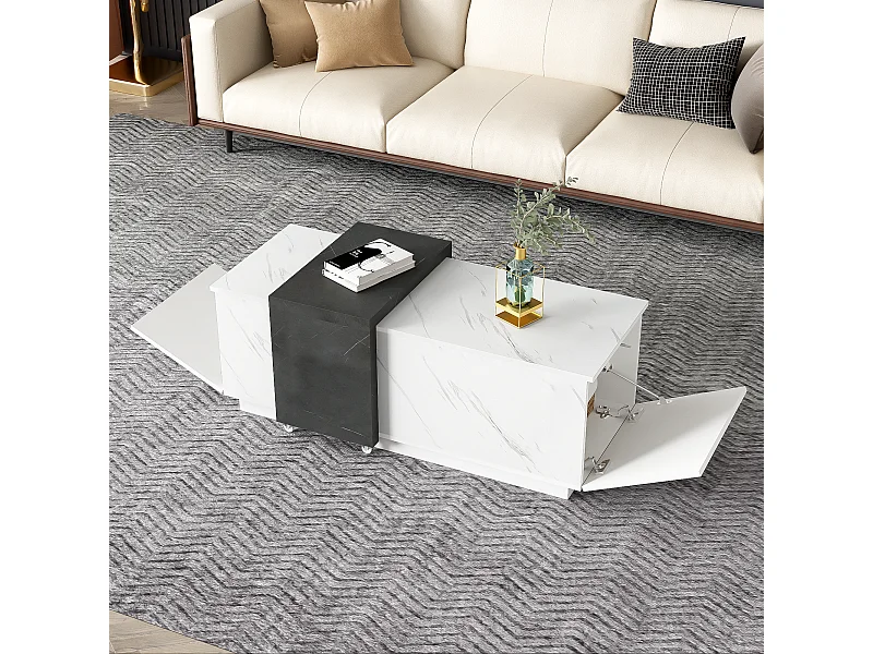 Salontafel met 2 zijdeuren - 110 L x 50 B x 40 H cm - spaanplaat - marmerlook - wit en zwart