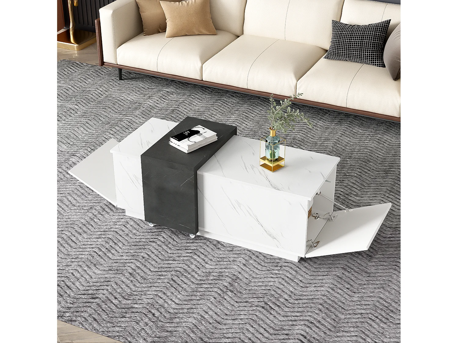 Couchtisch mit 2 Seitentüren – 110 L x 50 B x 40 H cm – Spanplatte – Marmoroptik – Weiß und Schwarz