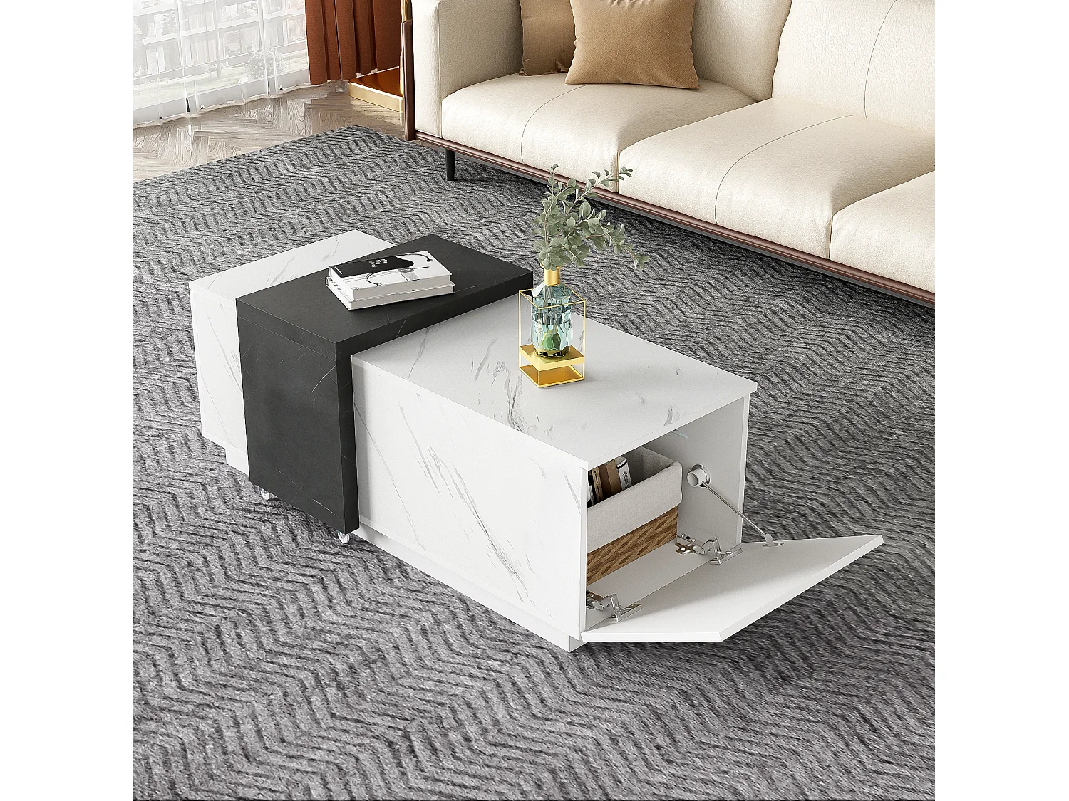 Couchtisch mit 2 Seitentüren – 110 L x 50 B x 40 H cm – Spanplatte – Marmoroptik – Weiß und Schwarz