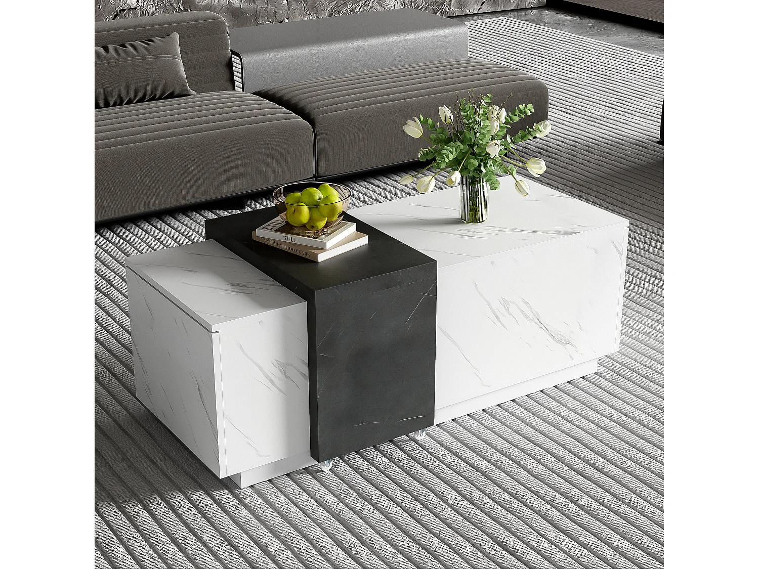 Couchtisch mit 2 Seitentüren – 110 L x 50 B x 40 H cm – Spanplatte – Marmoroptik – Weiß und Schwarz