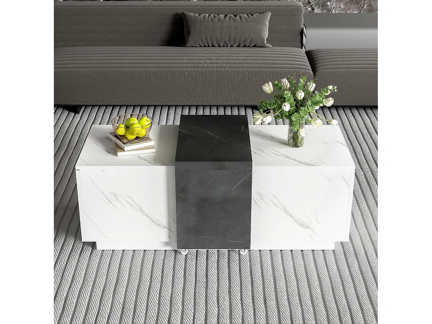 Couchtisch mit 2 Seitentüren – 110 L x 50 B x 40 H cm – Spanplatte – Marmoroptik – Weiß und Schwarz