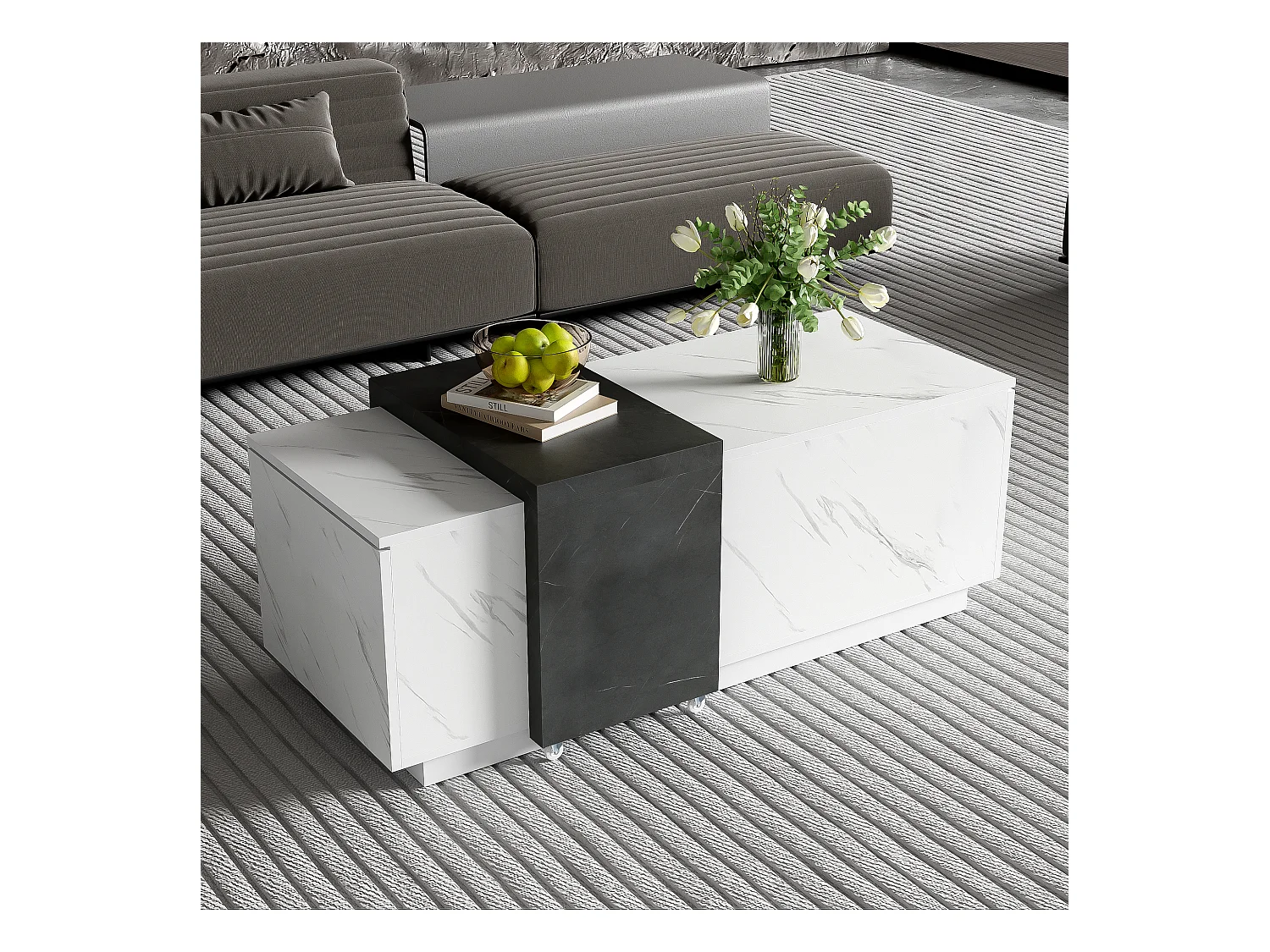 Table basse avec 2 portes latérales - 110 L x 50 l x 40 H cm - panneaux de particules - aspect marbre - blanc et noir