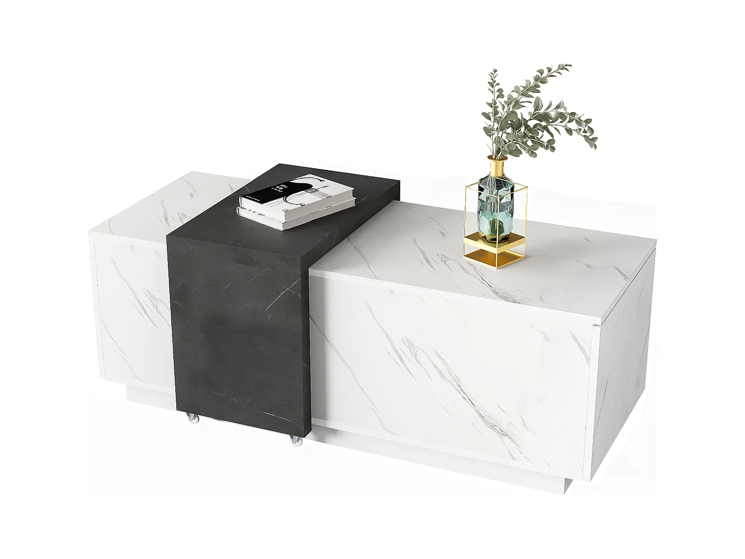 Table basse avec 2 portes latérales - 110 L x 50 l x 40 H cm - panneaux de particules - aspect marbre - blanc et noir