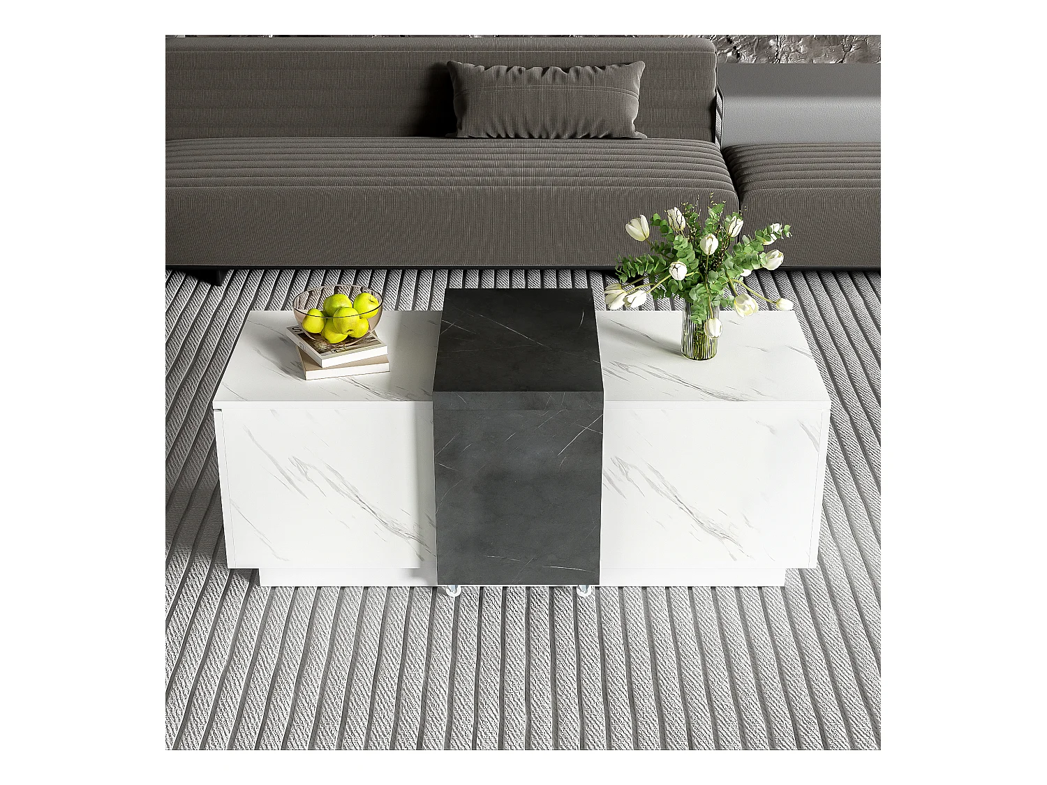 Table basse avec 2 portes latérales - 110 L x 50 l x 40 H cm - panneaux de particules - aspect marbre - blanc et noir