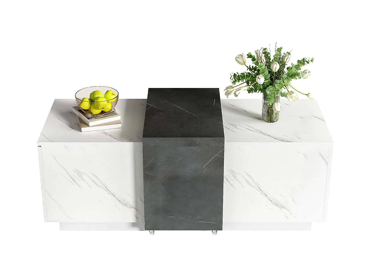 Table basse avec 2 portes latérales - 110 L x 50 l x 40 H cm - panneaux de particules - aspect marbre - blanc et noir