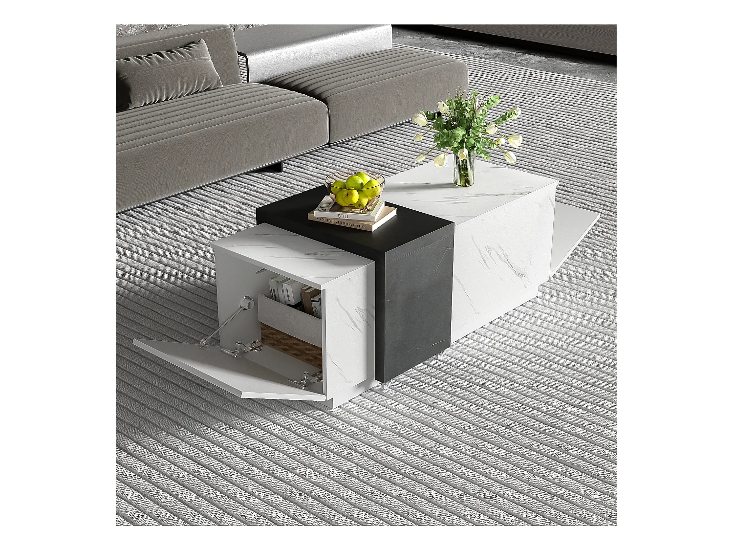 Table basse avec 2 portes latérales - 110 L x 50 l x 40 H cm - panneaux de particules - aspect marbre - blanc et noir