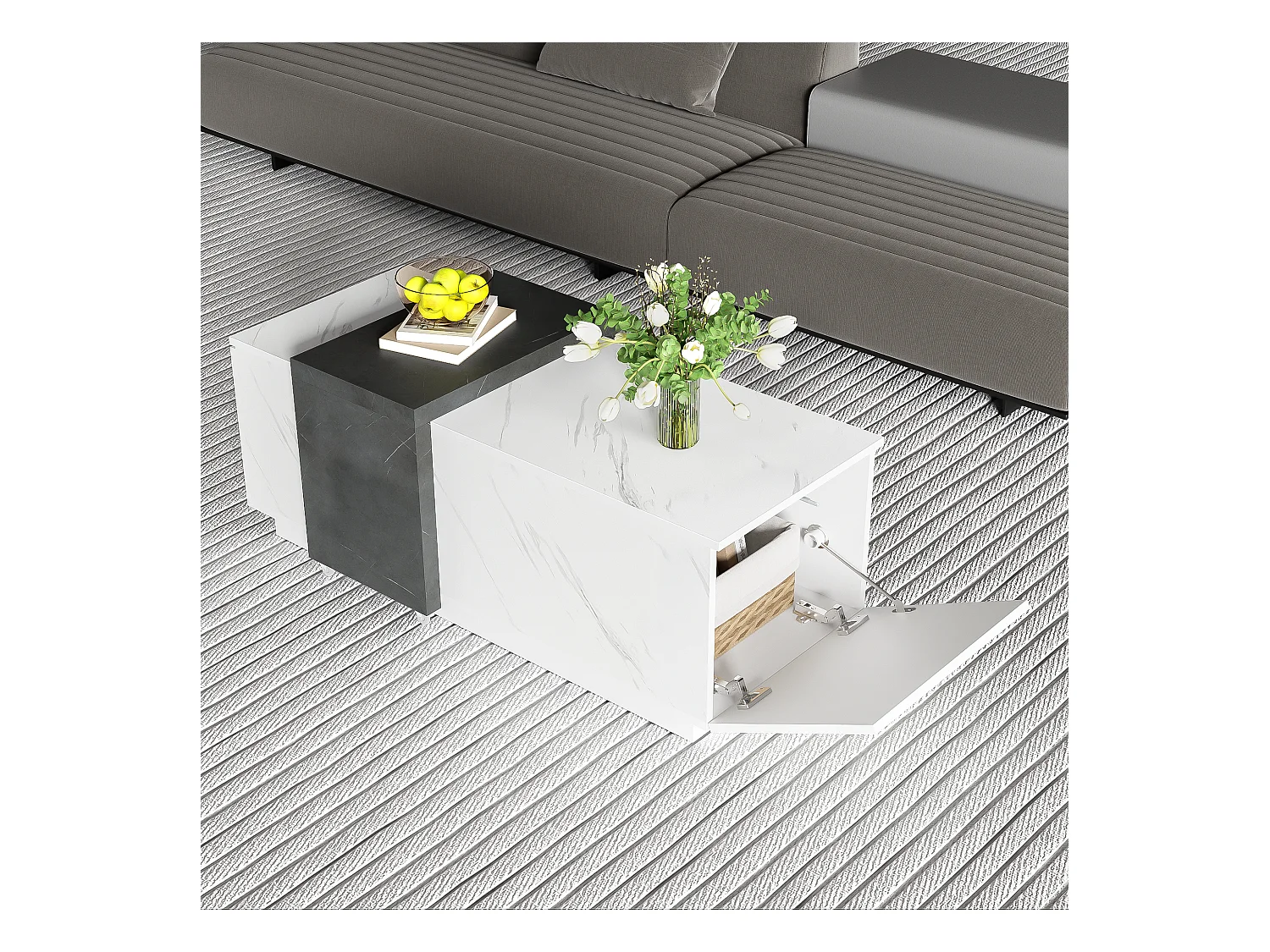 Table basse avec 2 portes latérales - 110 L x 50 l x 40 H cm - panneaux de particules - aspect marbre - blanc et noir