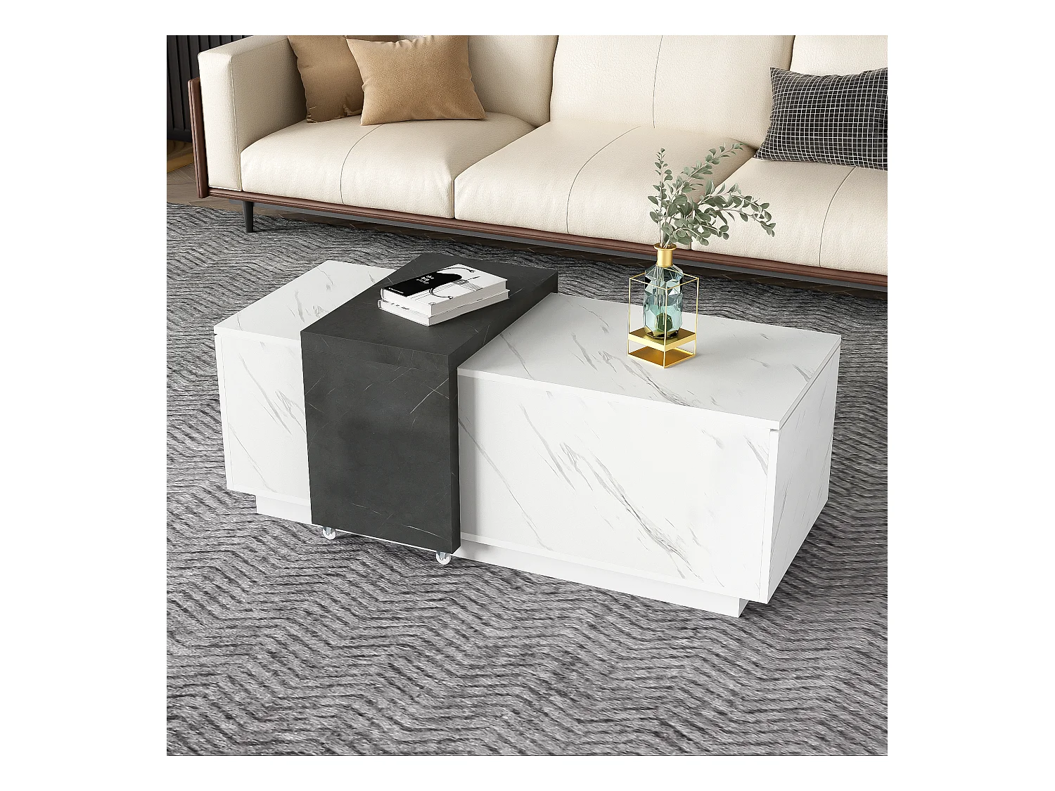 Table basse avec 2 portes latérales - 110 L x 50 l x 40 H cm - panneaux de particules - aspect marbre - blanc et noir