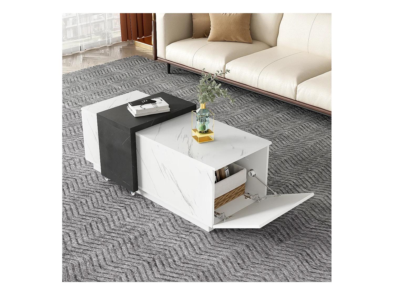 Table basse avec 2 portes latérales - 110 L x 50 l x 40 H cm - panneaux de particules - aspect marbre - blanc et noir