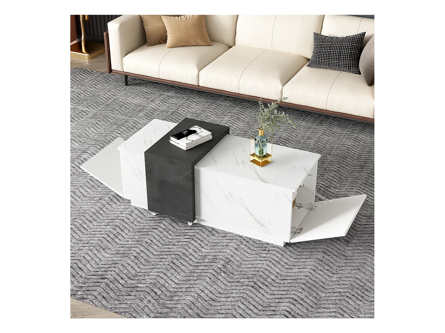 Table basse avec 2 portes latérales - 110 L x 50 l x 40 H cm - panneaux de particules - aspect marbre - blanc et noir