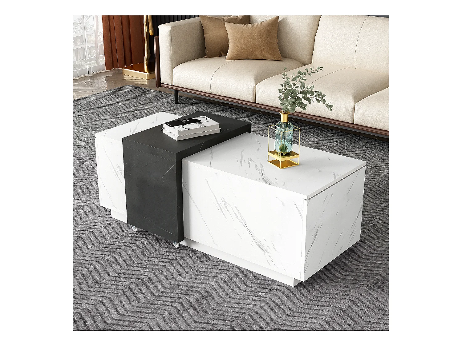 Table basse avec 2 portes latérales - 110 L x 50 l x 40 H cm - panneaux de particules - aspect marbre - blanc et noir