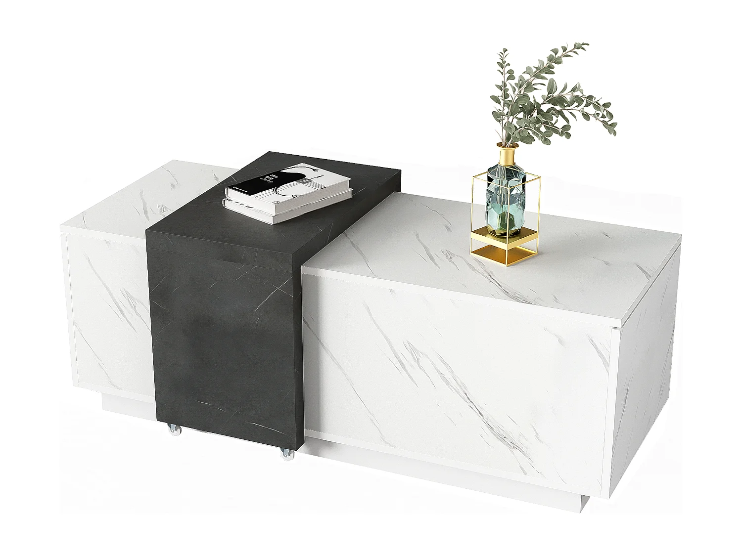 Table basse avec 2 portes latérales - 110 L x 50 l x 40 H cm - panneaux de particules - aspect marbre - blanc et noir