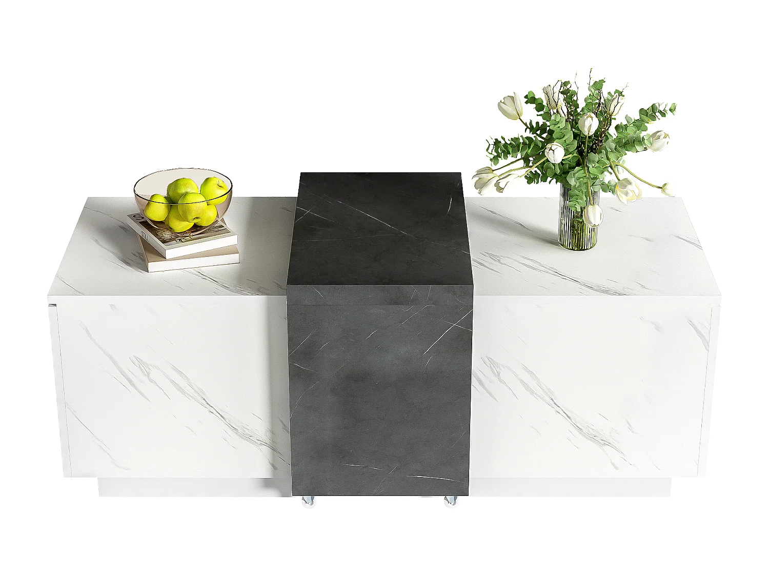 Table basse avec 2 portes latérales - 110 L x 50 l x 40 H cm - panneaux de particules - aspect marbre - blanc et noir