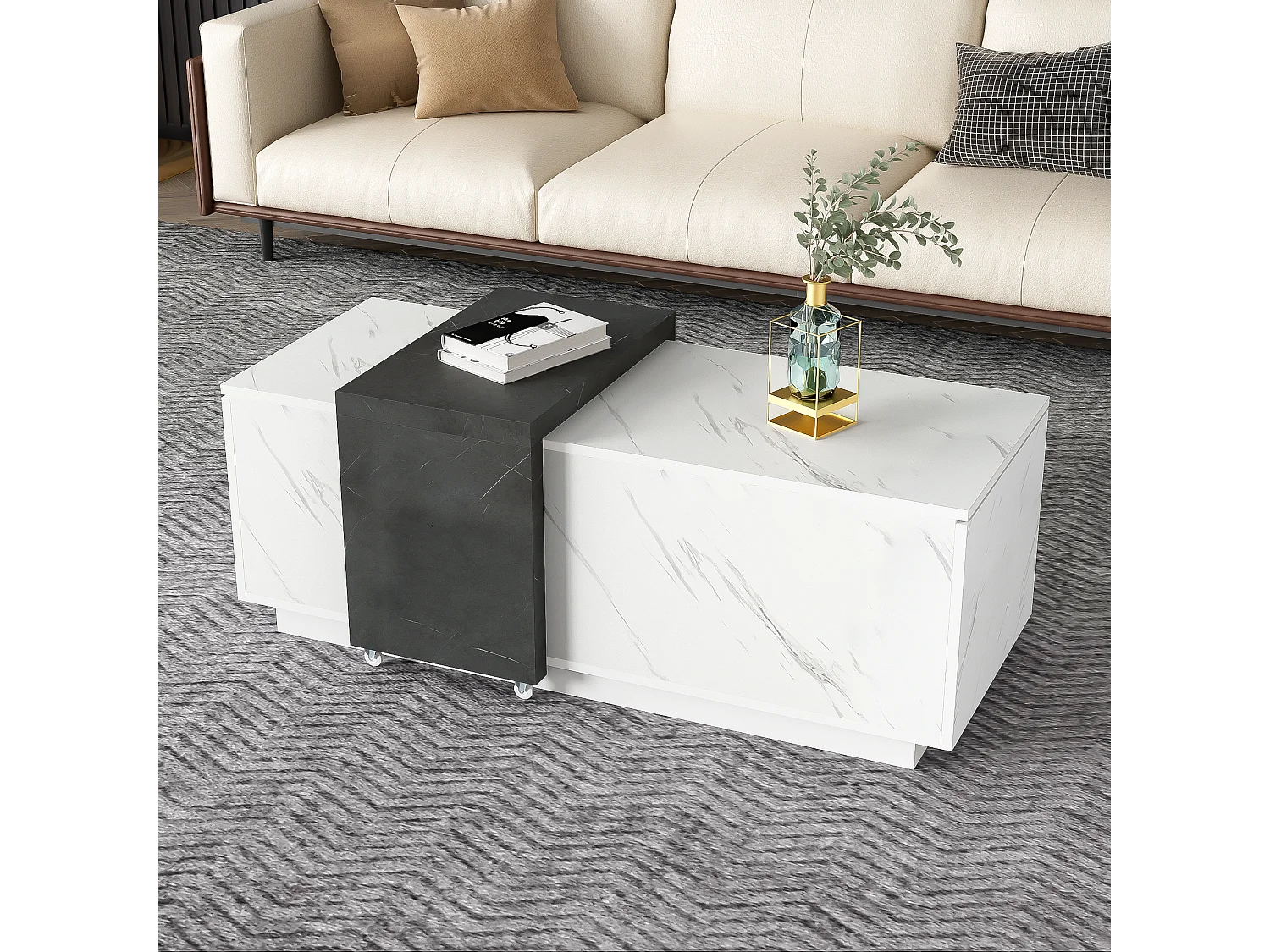 Table basse avec 2 portes latérales - 110 L x 50 l x 40 H cm - panneaux de particules - aspect marbre - blanc et noir