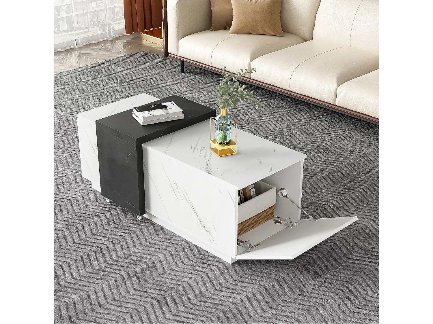 Table basse avec 2 portes latérales - 110 L x 50 l x 40 H cm - panneaux de particules - aspect marbre - blanc et noir